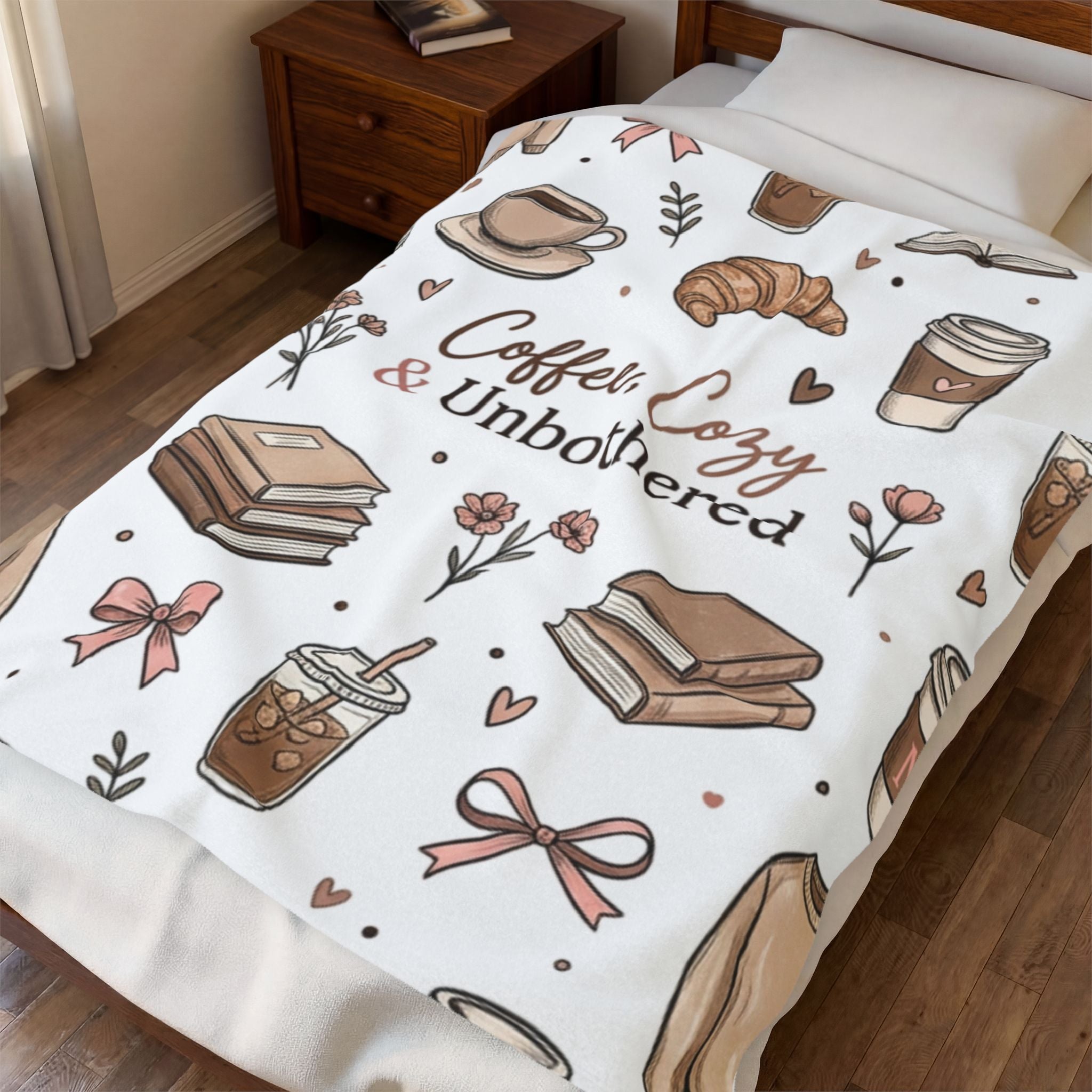 Cozy Coffee & Books Velveteen Plush Blanket — "Coffee, Cozy & Unbothered" Throw