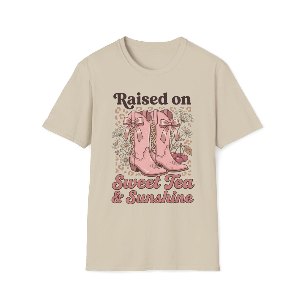 Raised on Sweet Tea & Sunshine T-Shirt | Pink Cowboy Boots Floral Design