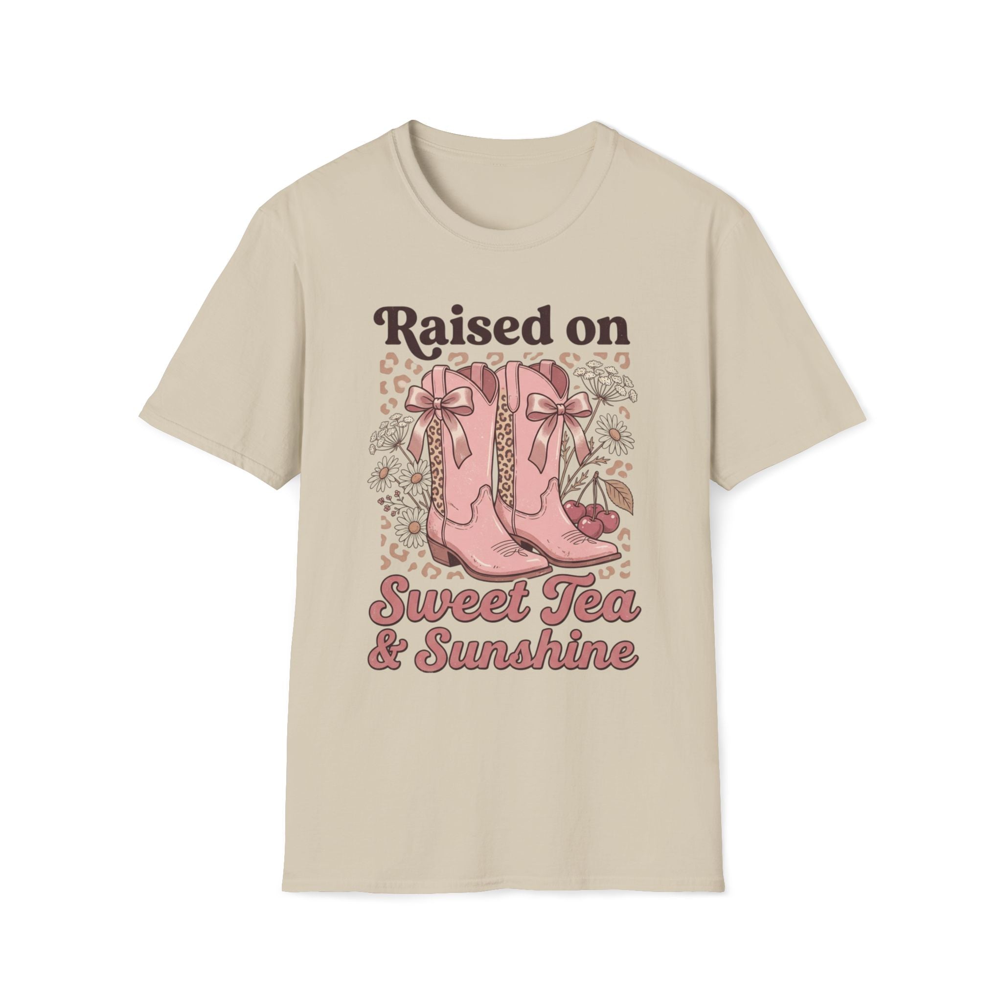 Raised on Sweet Tea & Sunshine T-Shirt | Pink Cowboy Boots Floral Design