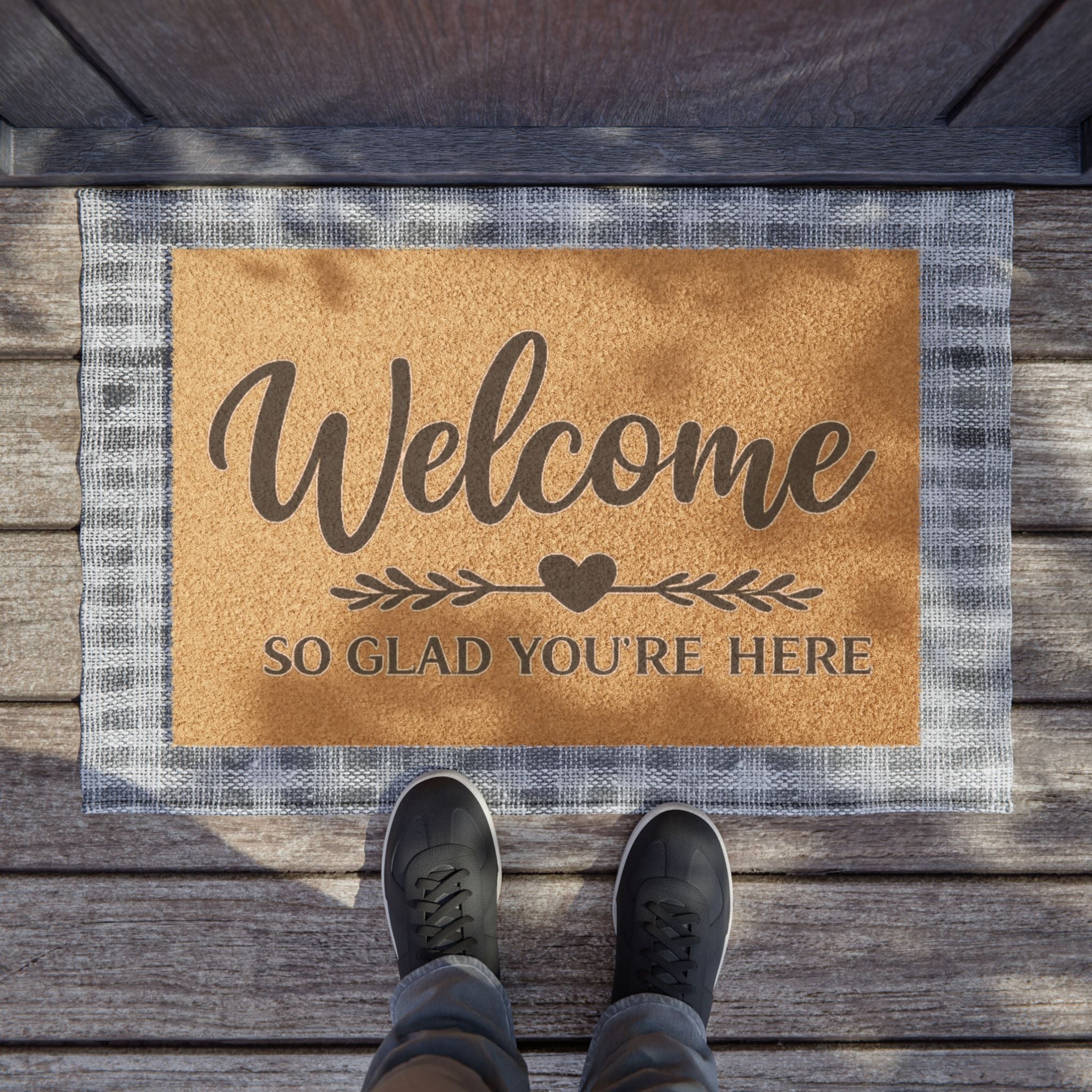Welcome Doormat - "So Glad You're Here" Decorative Coir Entry Rug