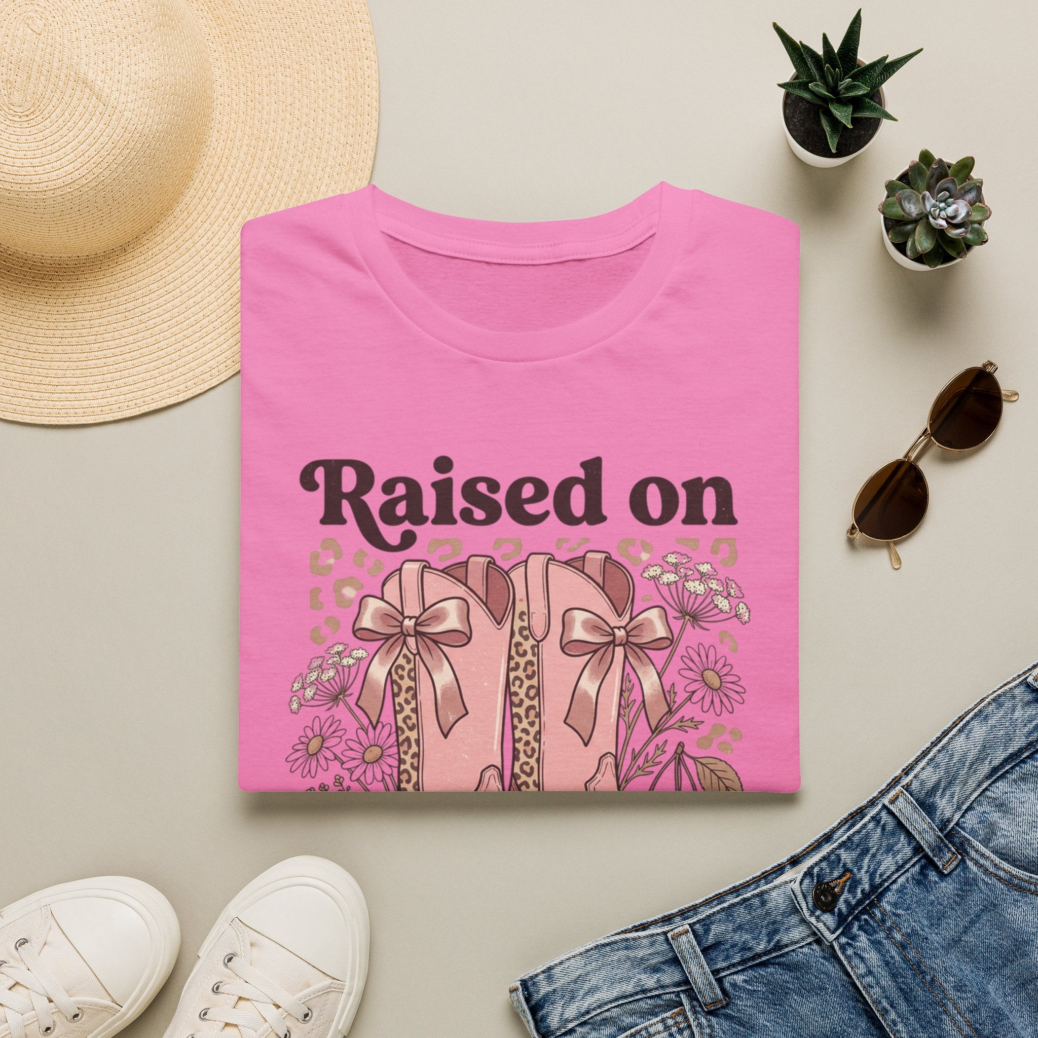 Raised on Sweet Tea & Sunshine T-Shirt | Pink Cowboy Boots Floral Design