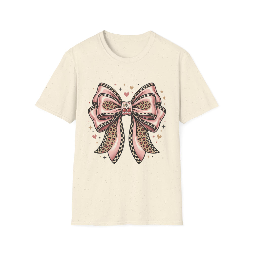 Pink Leopard Bow T-Shirt | Ribbon Graphic, Heart Accents