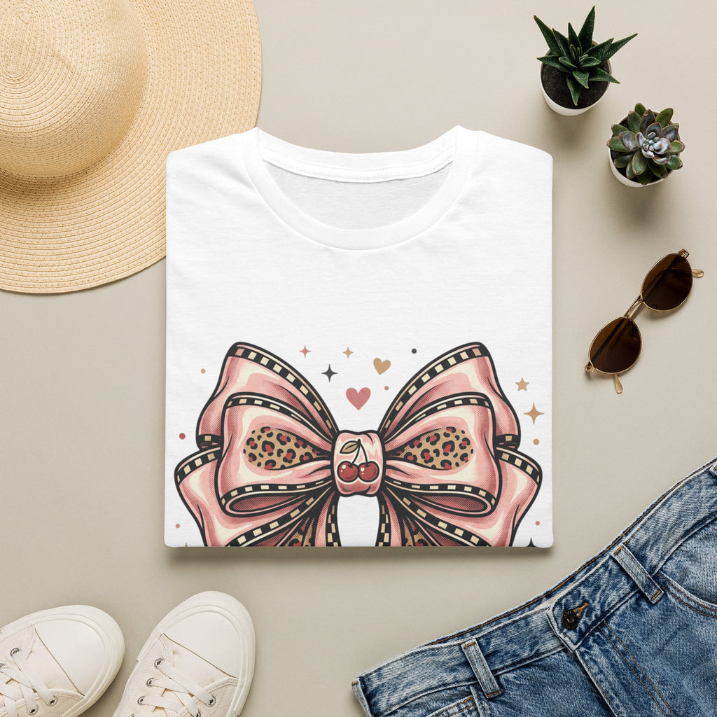 Pink Leopard Bow T-Shirt | Ribbon Graphic, Heart Accents