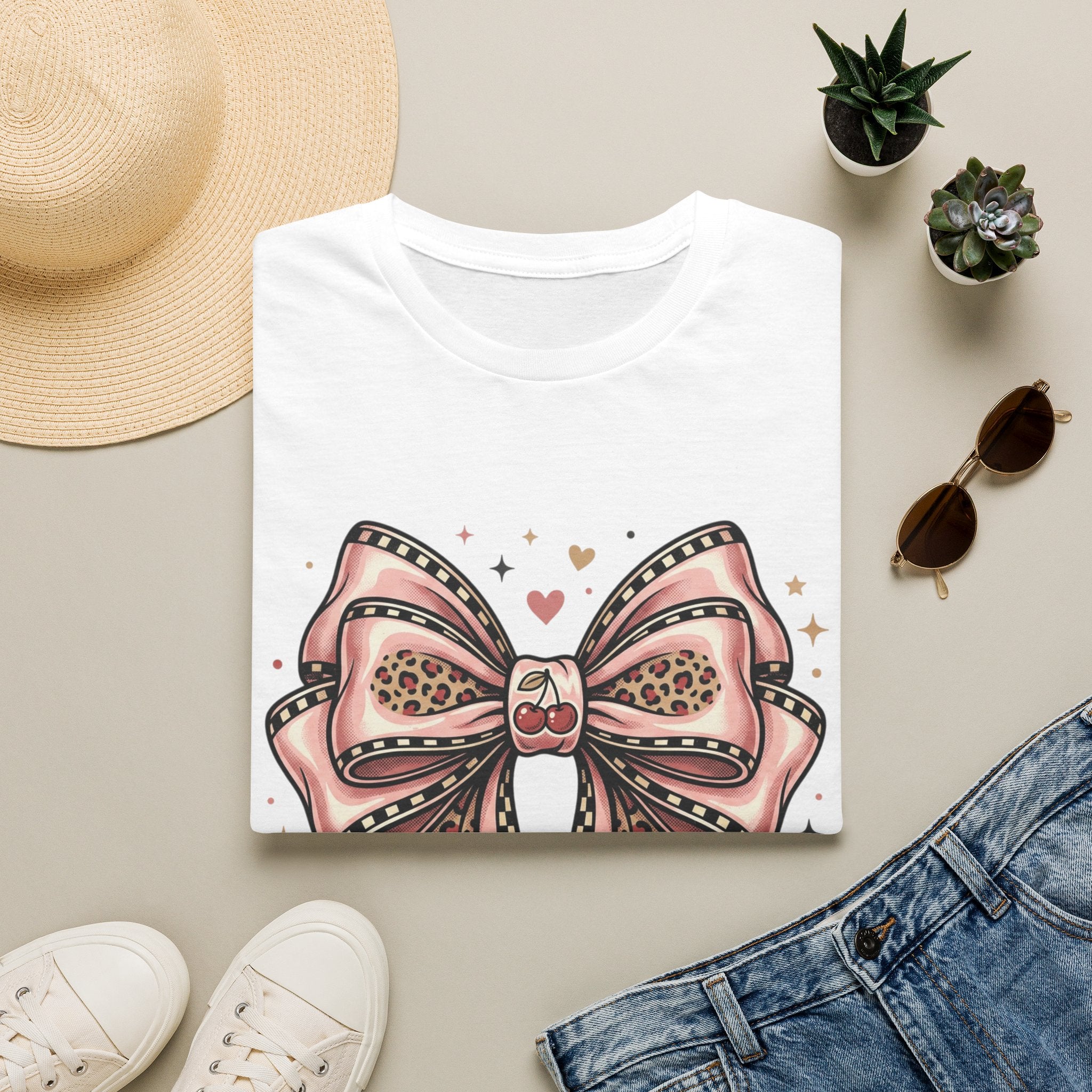 Pink Leopard Bow T-Shirt | Ribbon Graphic, Heart Accents