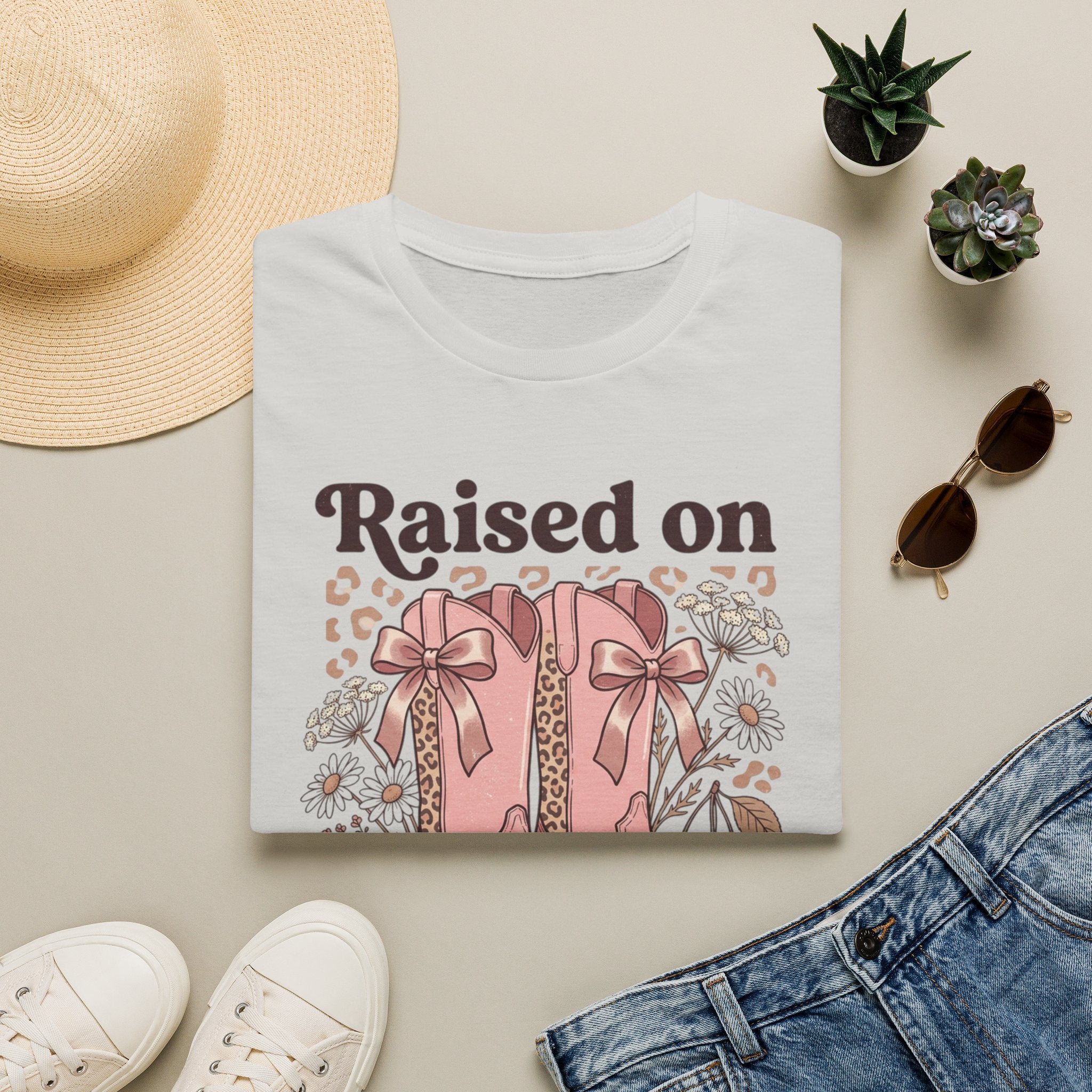 Raised on Sweet Tea & Sunshine T-Shirt | Pink Cowboy Boots Floral Design