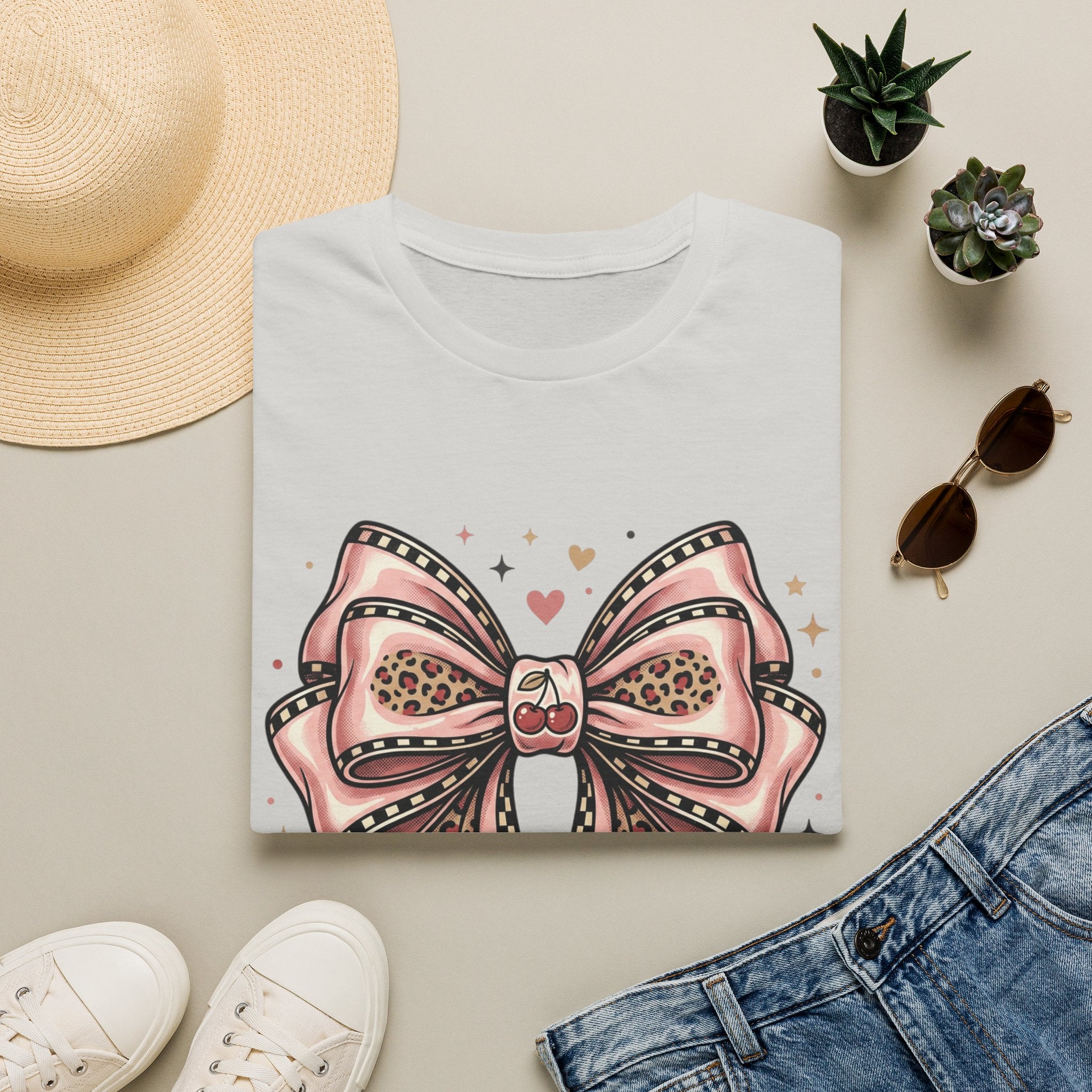 Pink Leopard Bow T-Shirt | Ribbon Graphic, Heart Accents