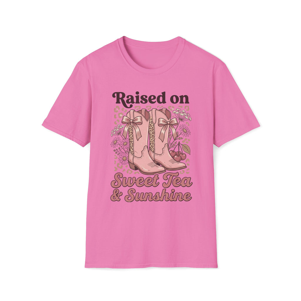 Raised on Sweet Tea & Sunshine T-Shirt | Pink Cowboy Boots Floral Design
