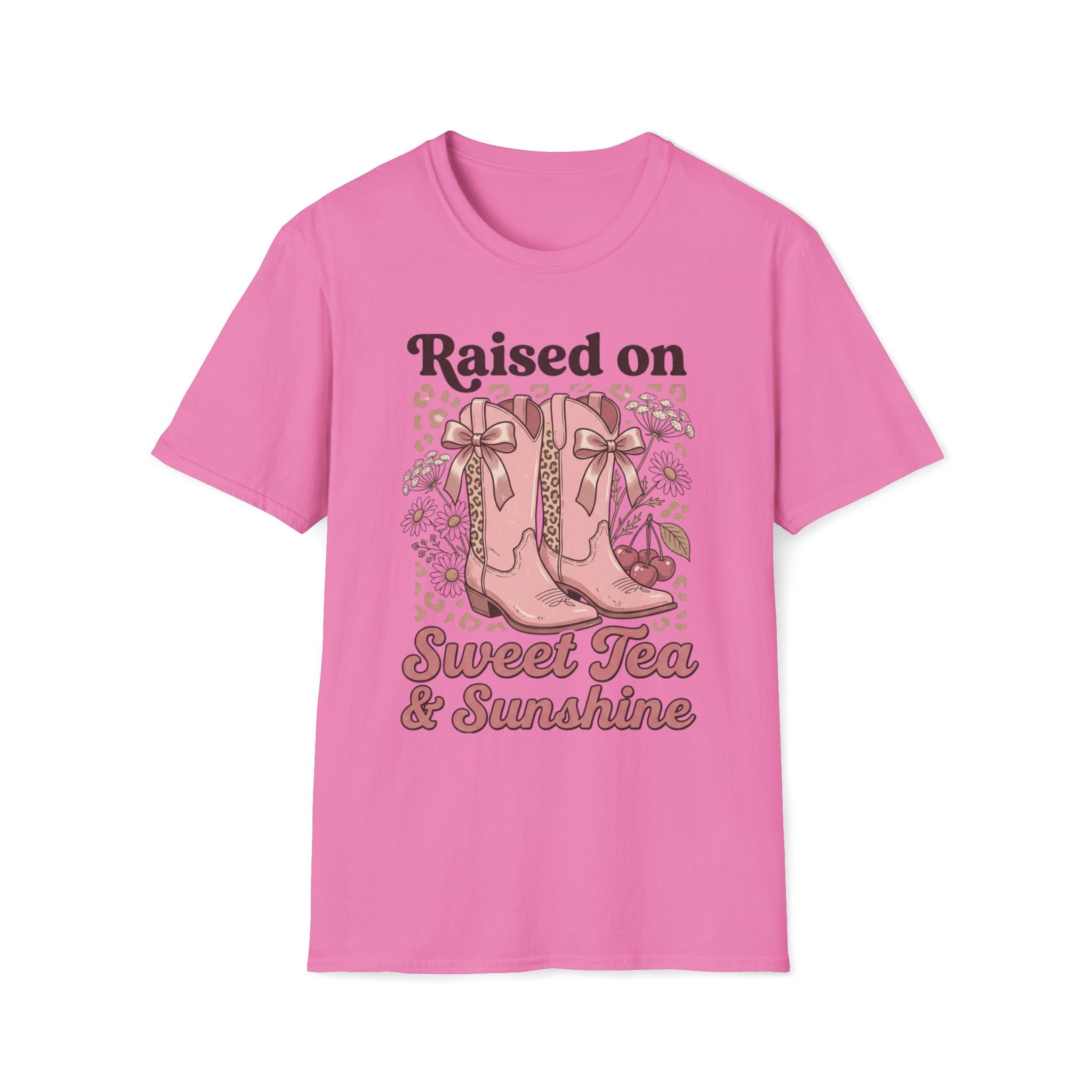 Raised on Sweet Tea & Sunshine T-Shirt | Pink Cowboy Boots Floral Design