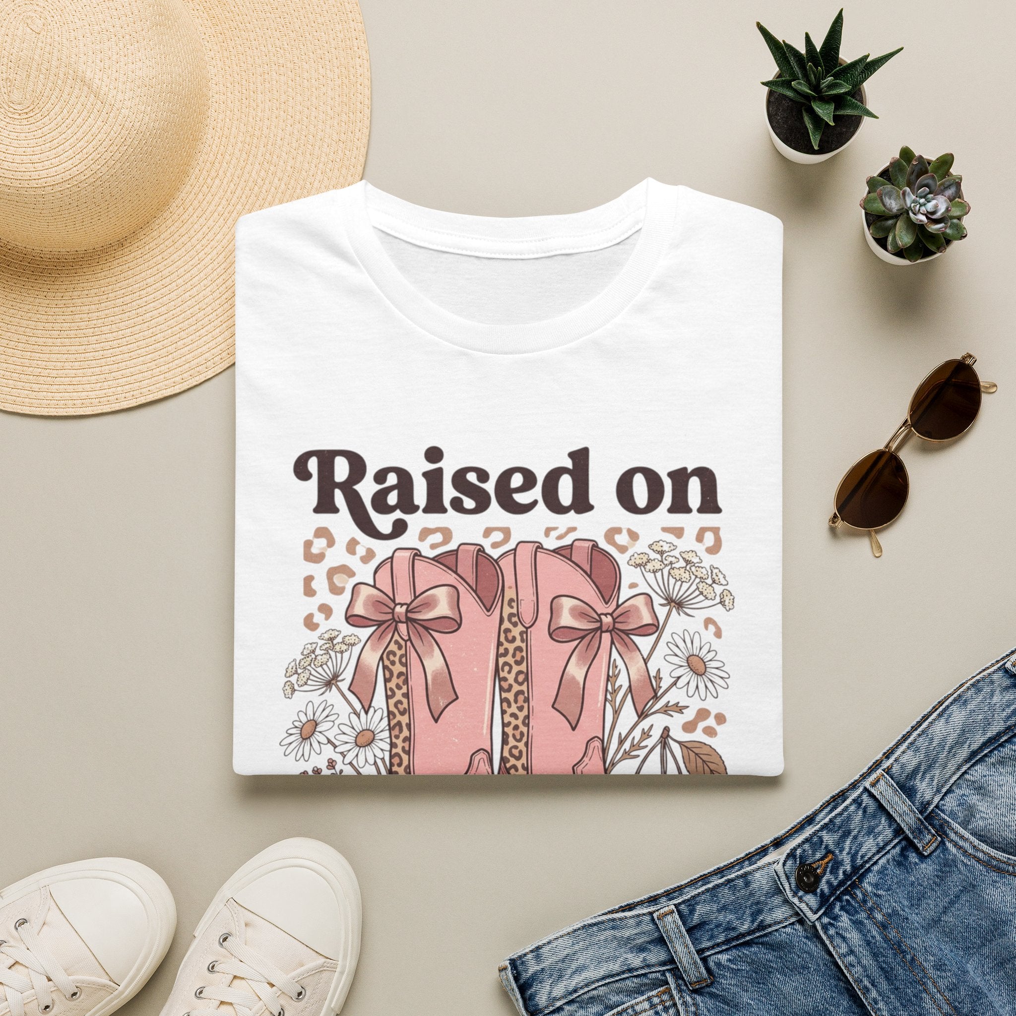Raised on Sweet Tea & Sunshine T-Shirt | Pink Cowboy Boots Floral Design