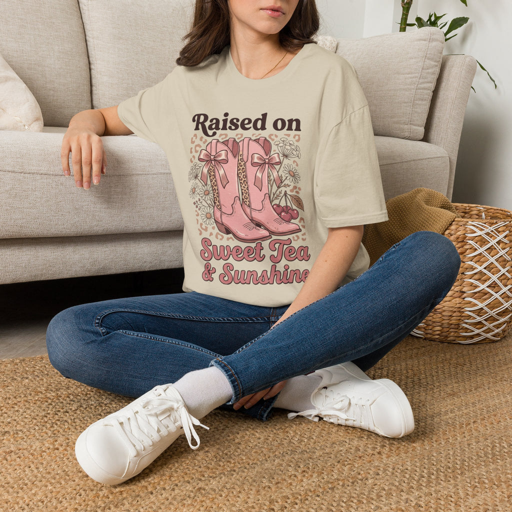 Raised on Sweet Tea & Sunshine T-Shirt | Pink Cowboy Boots Floral Design