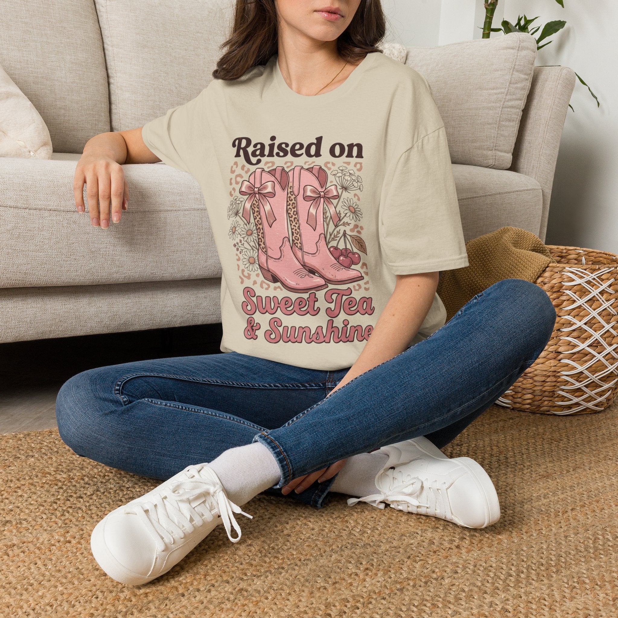 Raised on Sweet Tea & Sunshine T-Shirt | Pink Cowboy Boots Floral Design