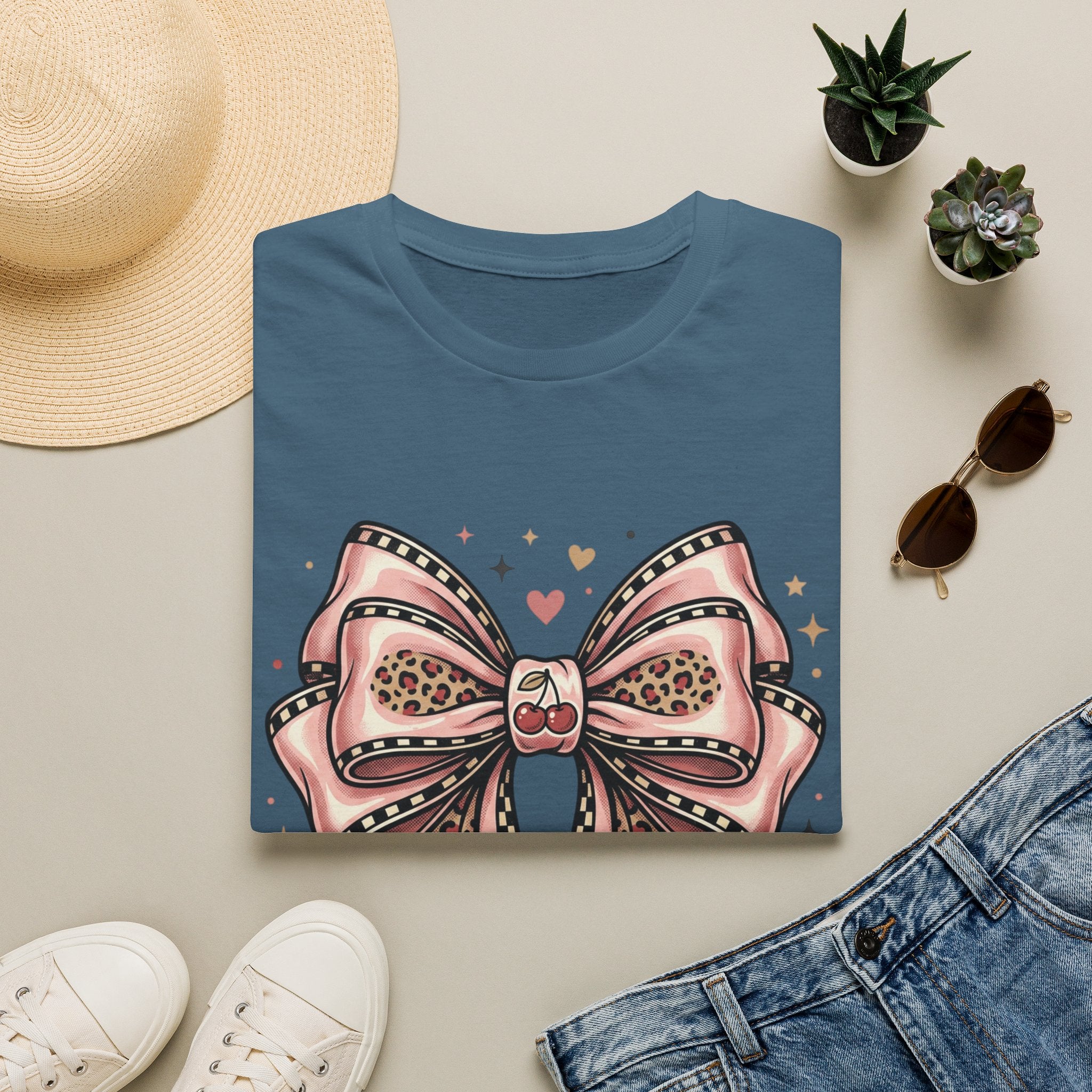Pink Leopard Bow T-Shirt | Ribbon Graphic, Heart Accents