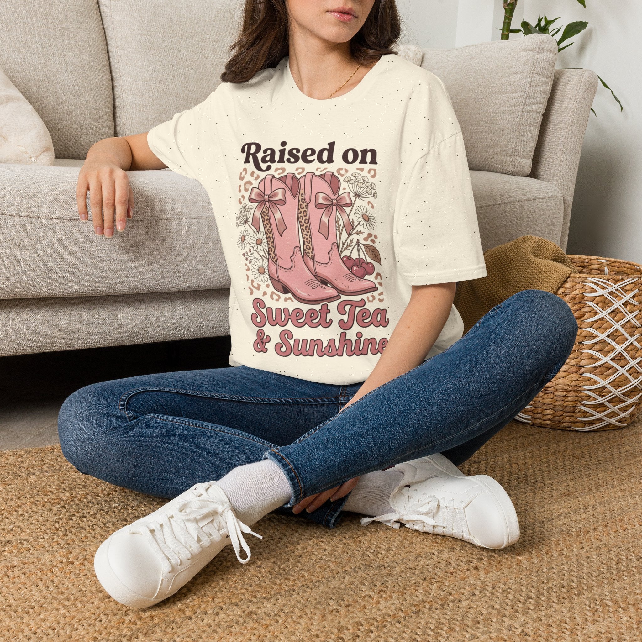 Raised on Sweet Tea & Sunshine T-Shirt | Pink Cowboy Boots Floral Design