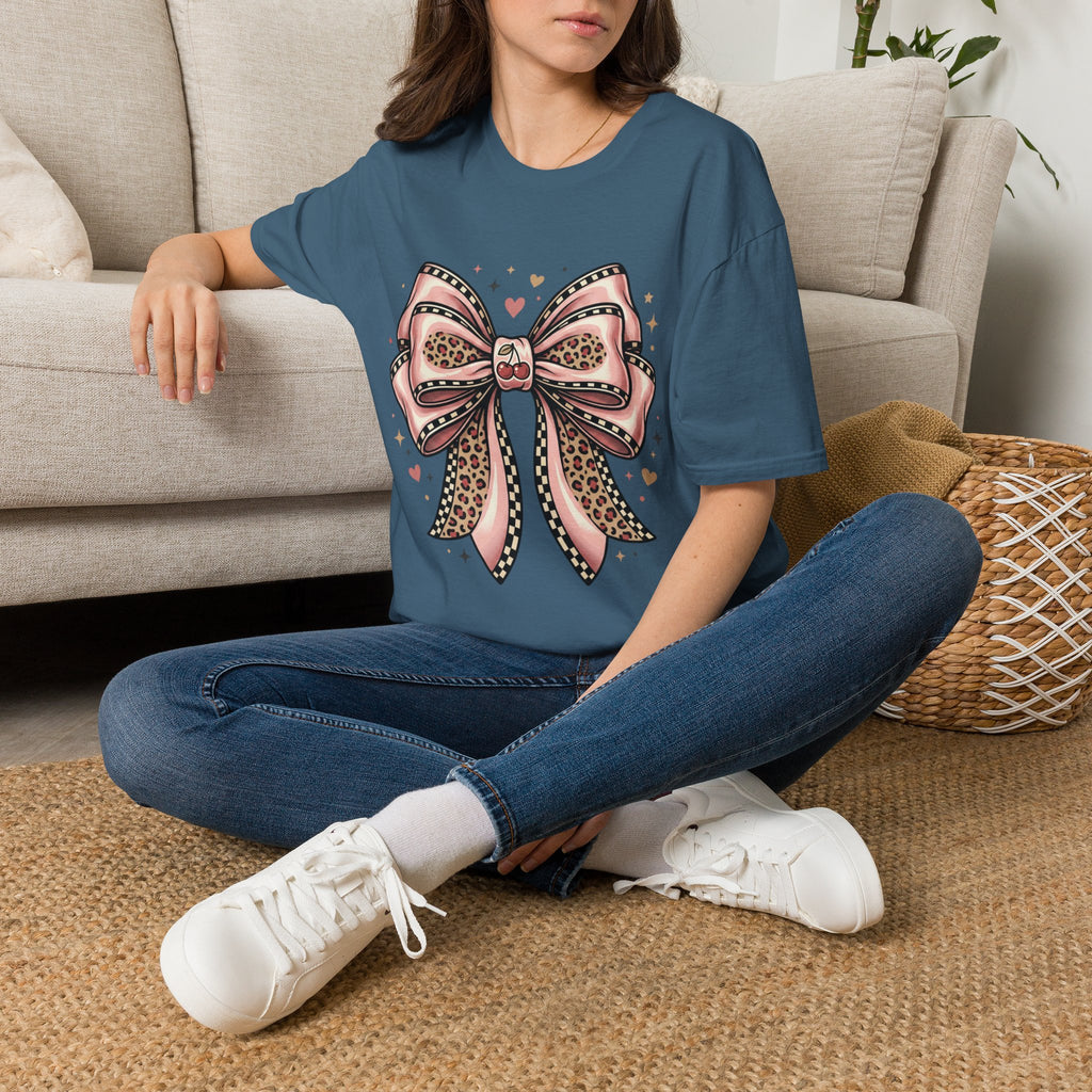 Pink Leopard Bow T-Shirt | Ribbon Graphic, Heart Accents