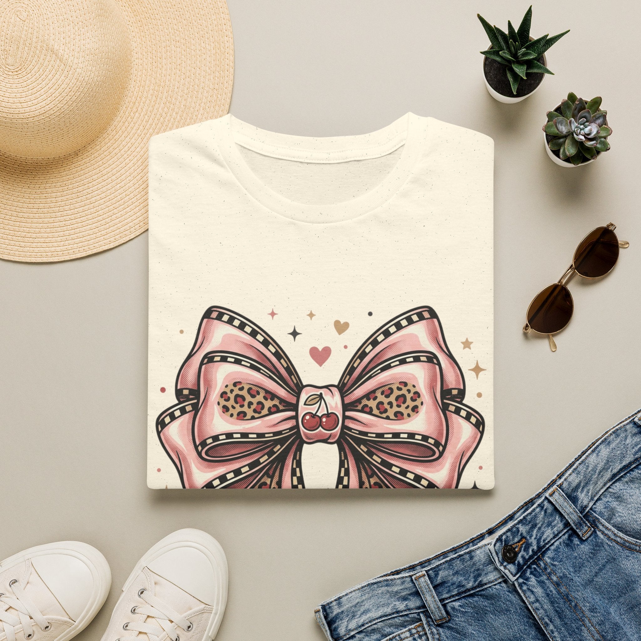 Pink Leopard Bow T-Shirt | Ribbon Graphic, Heart Accents