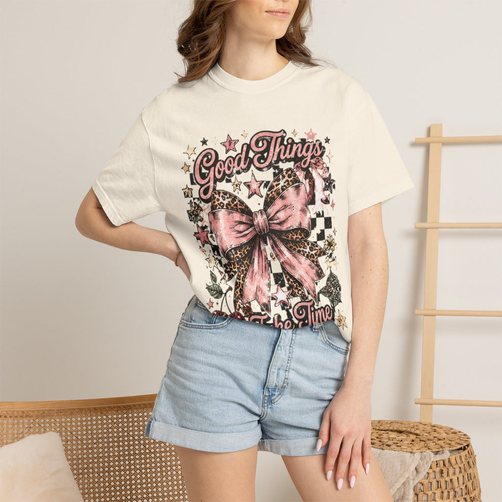 Good Things Take Time T-Shirt — Vintage Pink Bow Graphic Tee