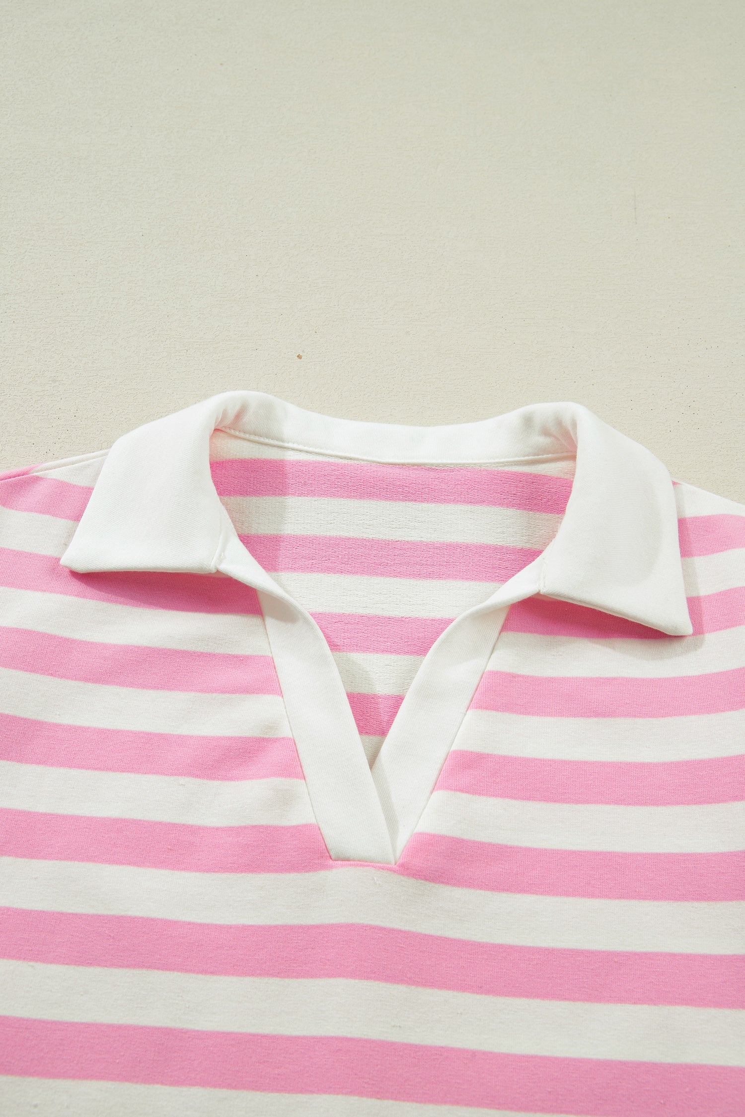 Pink Stripe Collar V Neck Ruffled Short Sleeve Blouse