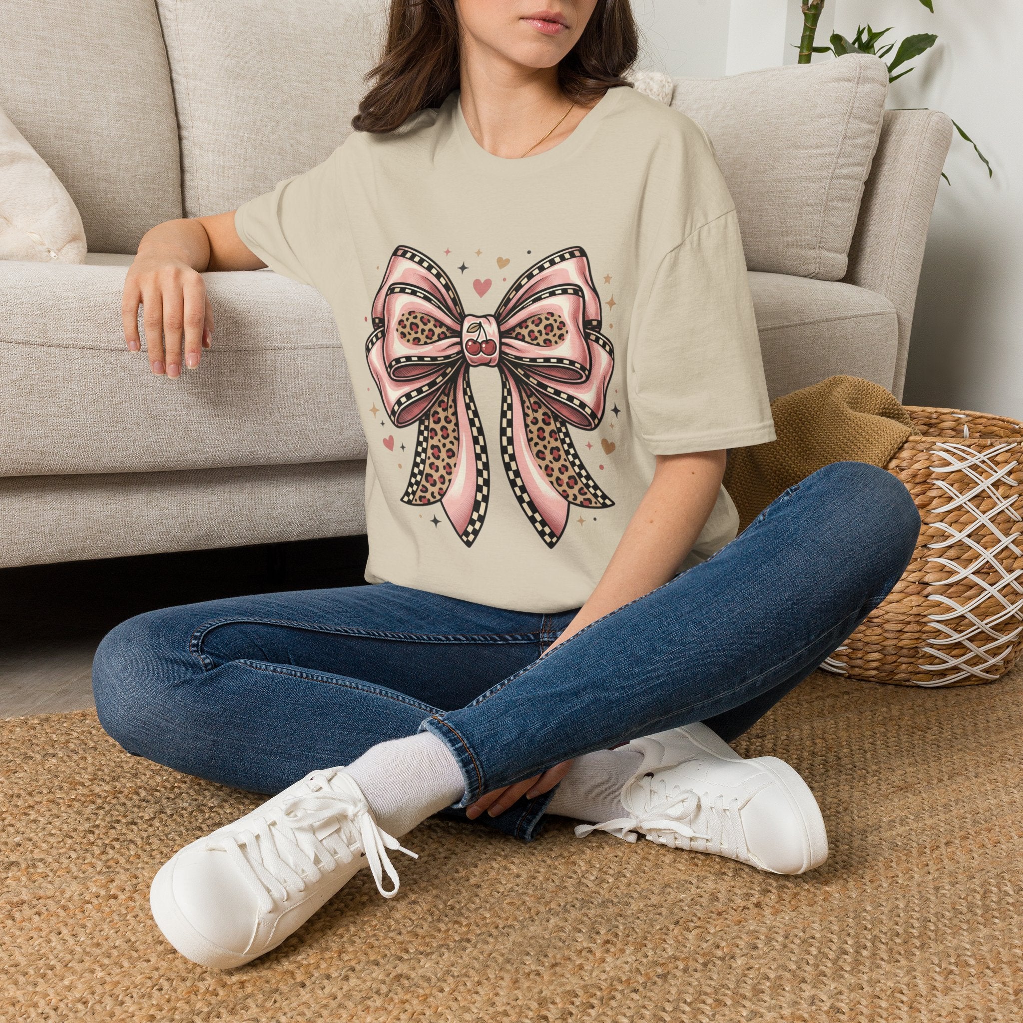 Pink Leopard Bow T-Shirt | Ribbon Graphic, Heart Accents