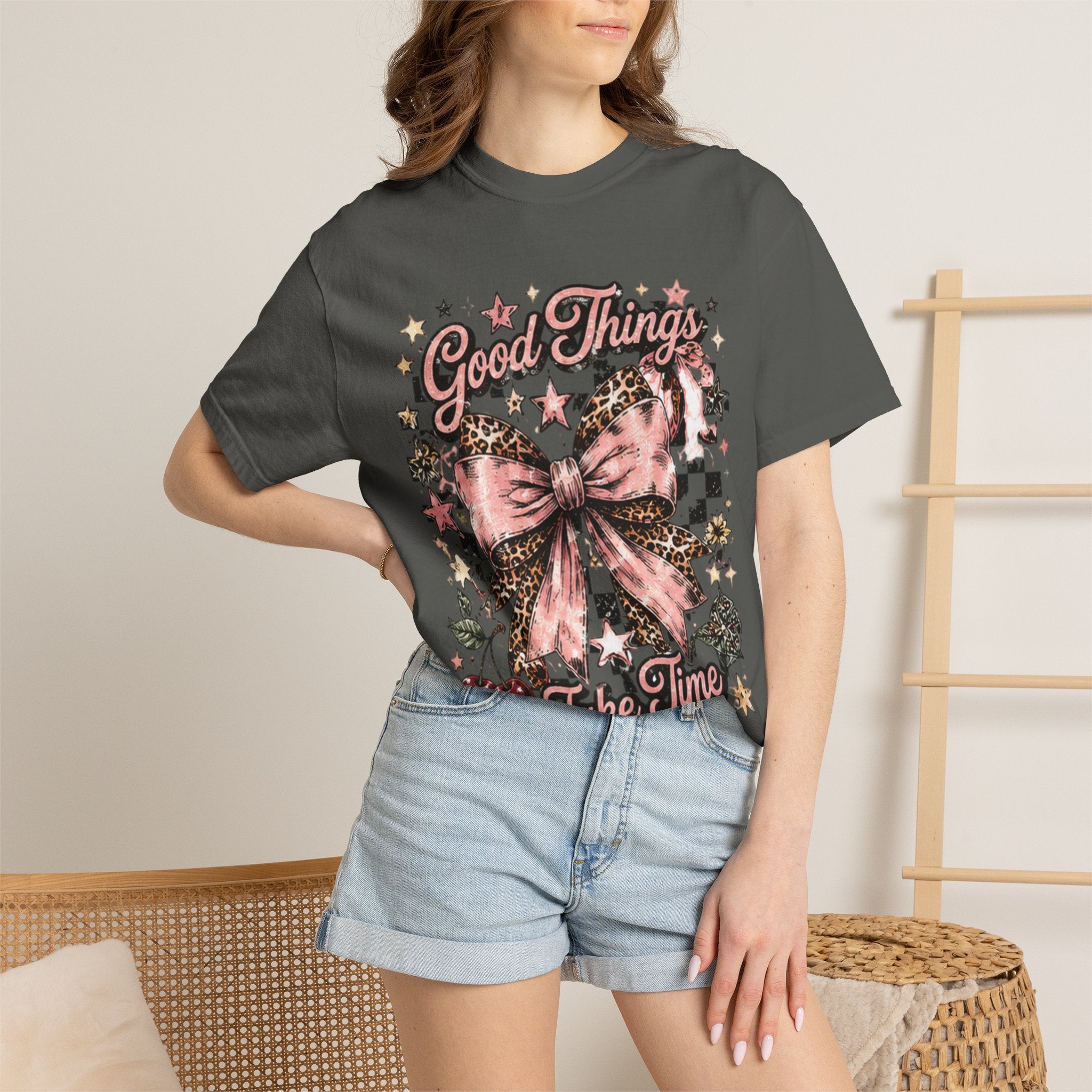 Good Things Take Time T-Shirt — Vintage Pink Bow Graphic Tee