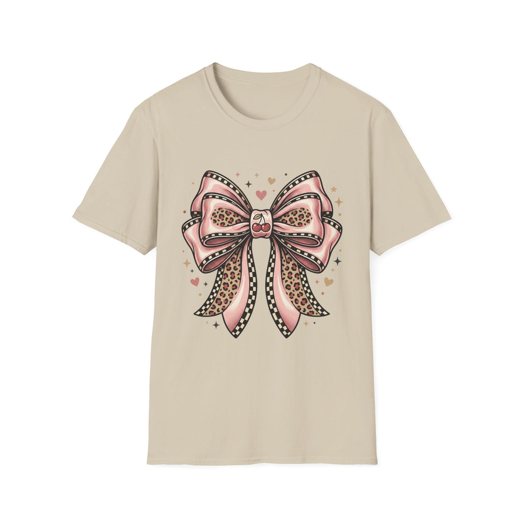 Pink Leopard Bow T-Shirt | Ribbon Graphic, Heart Accents