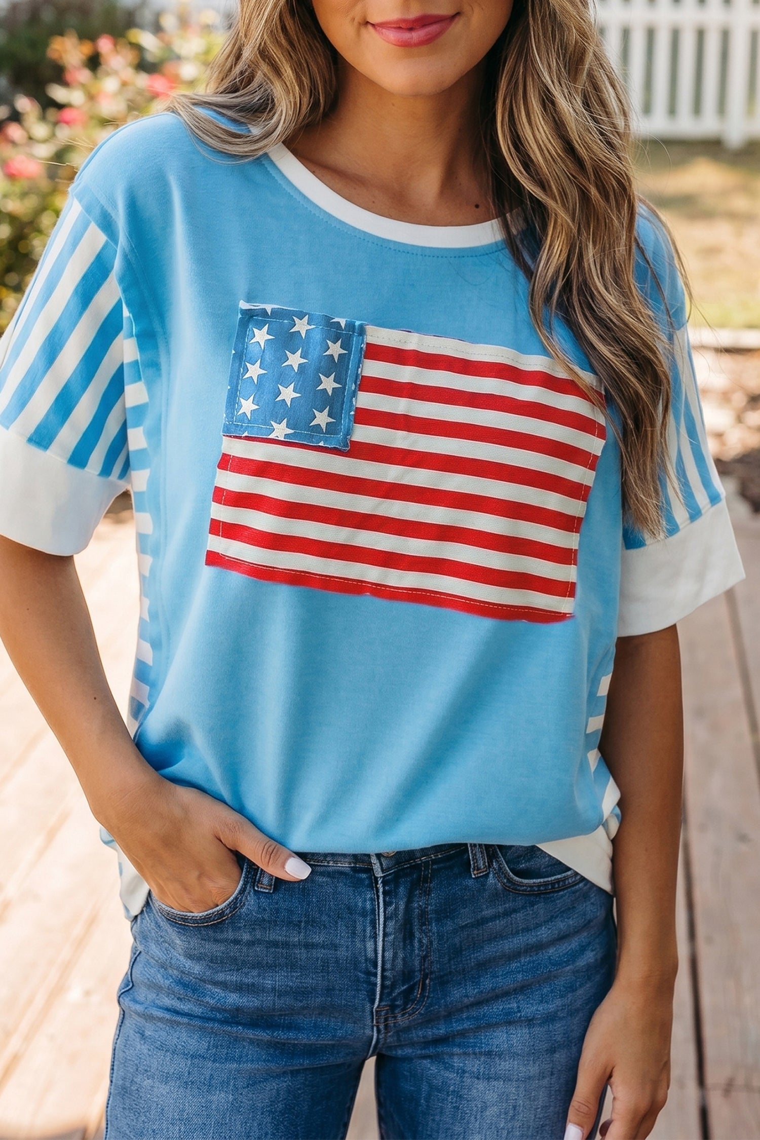 July 4th Flag Stripe Patchwork Colorblock T-Shirt