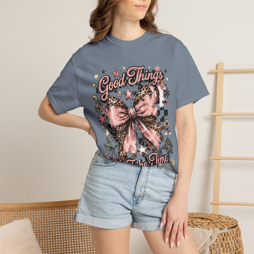 Good Things Take Time T-Shirt — Vintage Pink Bow Graphic Tee