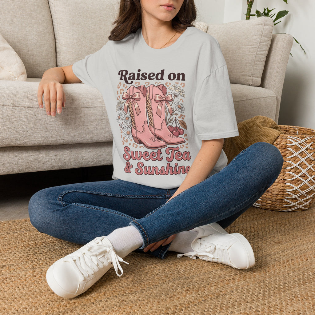 Raised on Sweet Tea & Sunshine T-Shirt | Pink Cowboy Boots Floral Design