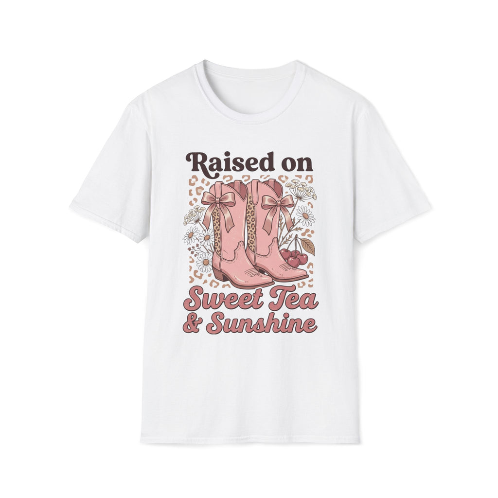 Raised on Sweet Tea & Sunshine T-Shirt | Pink Cowboy Boots Floral Design