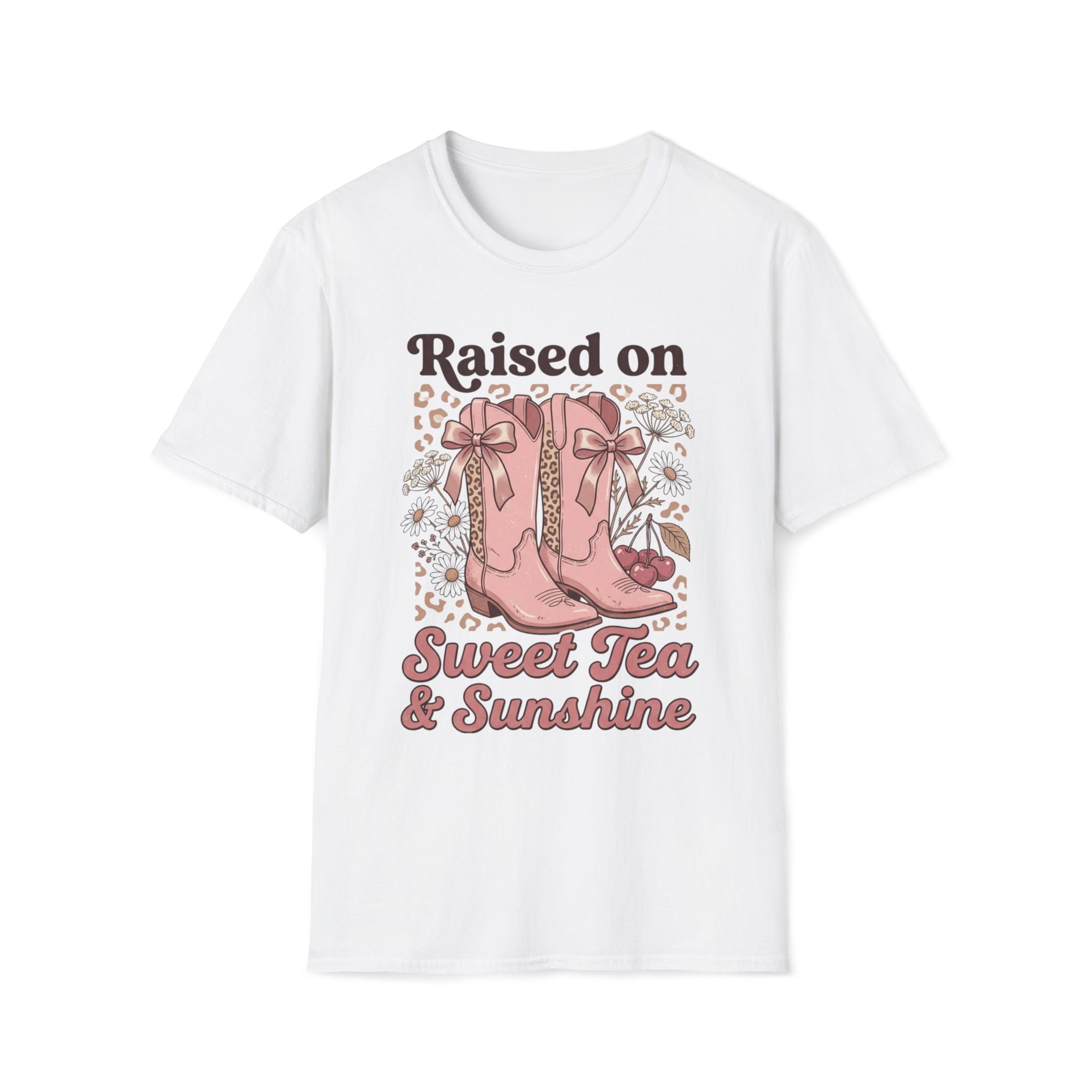 Raised on Sweet Tea & Sunshine T-Shirt | Pink Cowboy Boots Floral Design