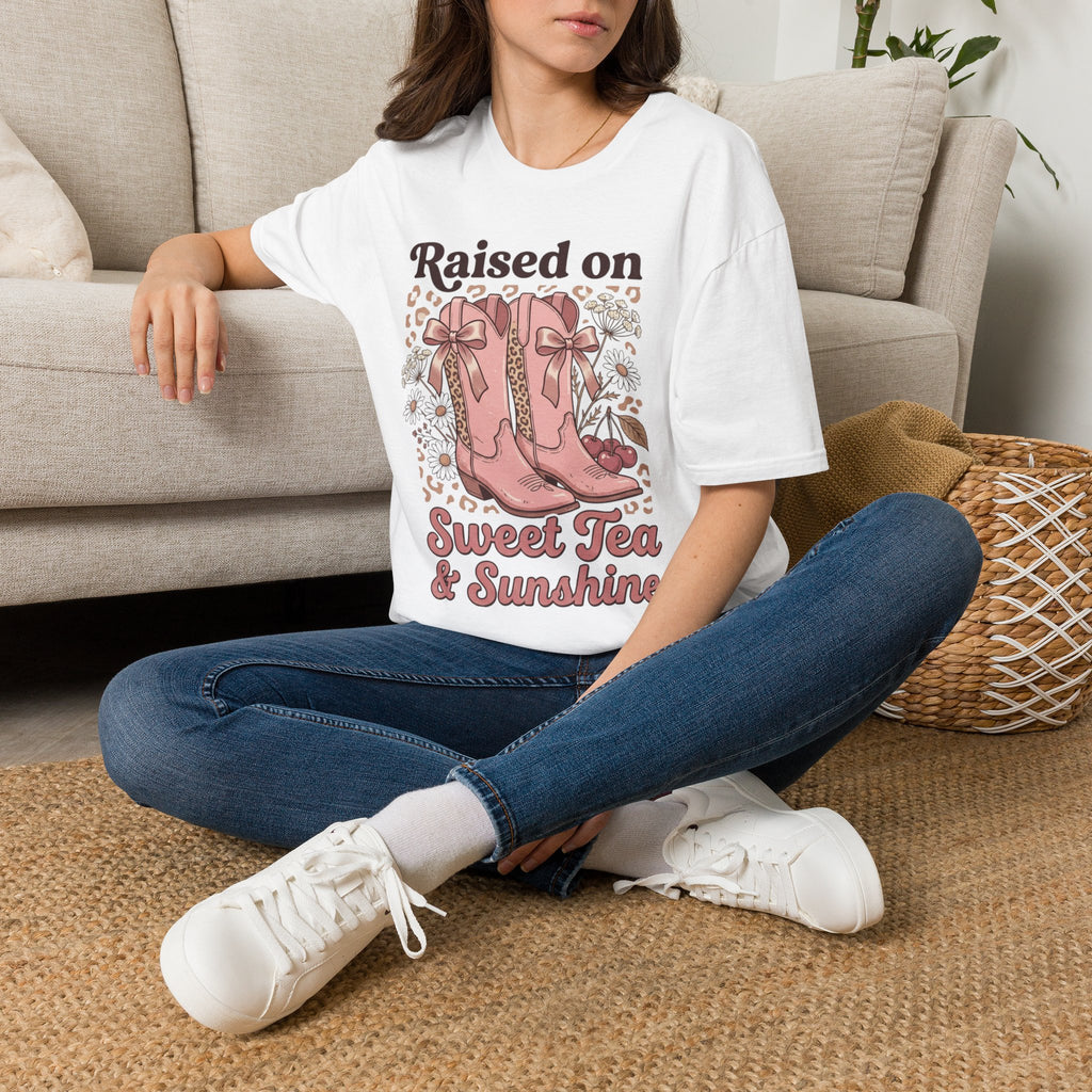 Raised on Sweet Tea & Sunshine T-Shirt | Pink Cowboy Boots Floral Design