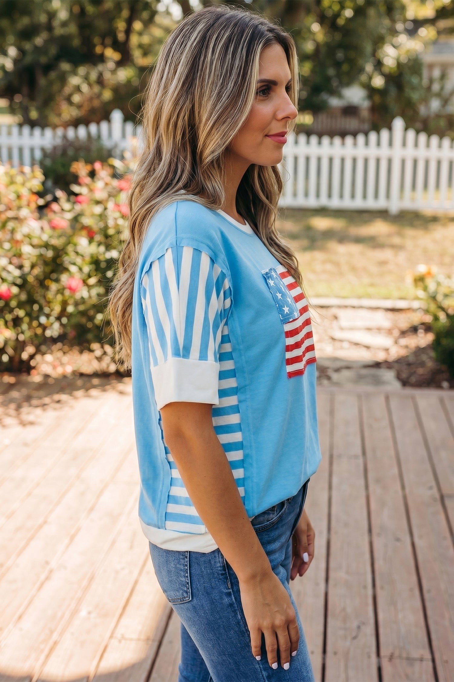 July 4th Flag Stripe Patchwork Colorblock T-Shirt
