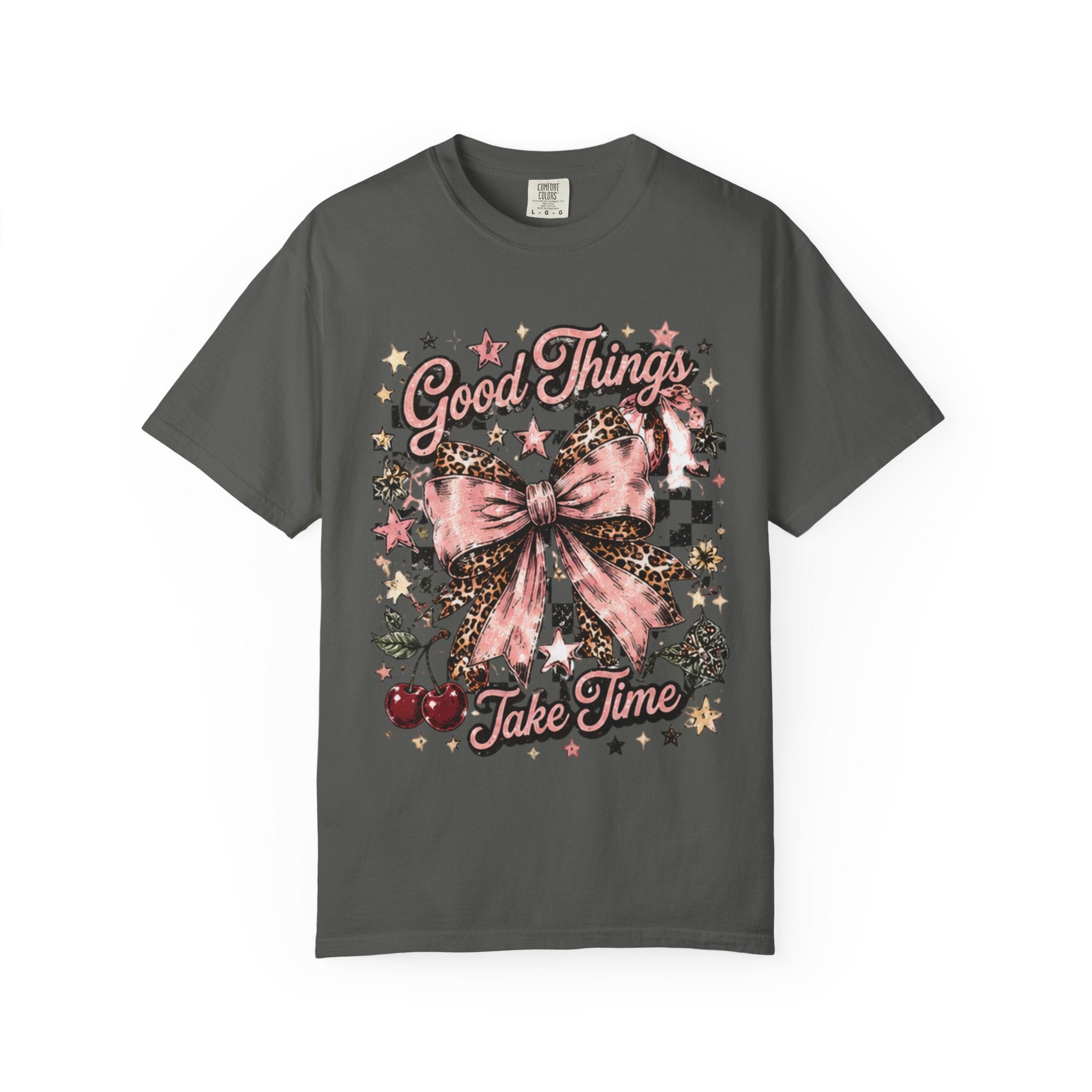 Good Things Take Time T-Shirt — Vintage Pink Bow Graphic Tee