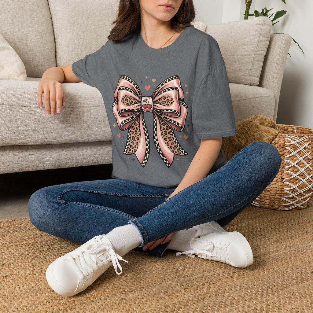 Pink Leopard Bow T-Shirt | Ribbon Graphic, Heart Accents