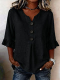 Women's V-neck Cotton-linen Button-up Top