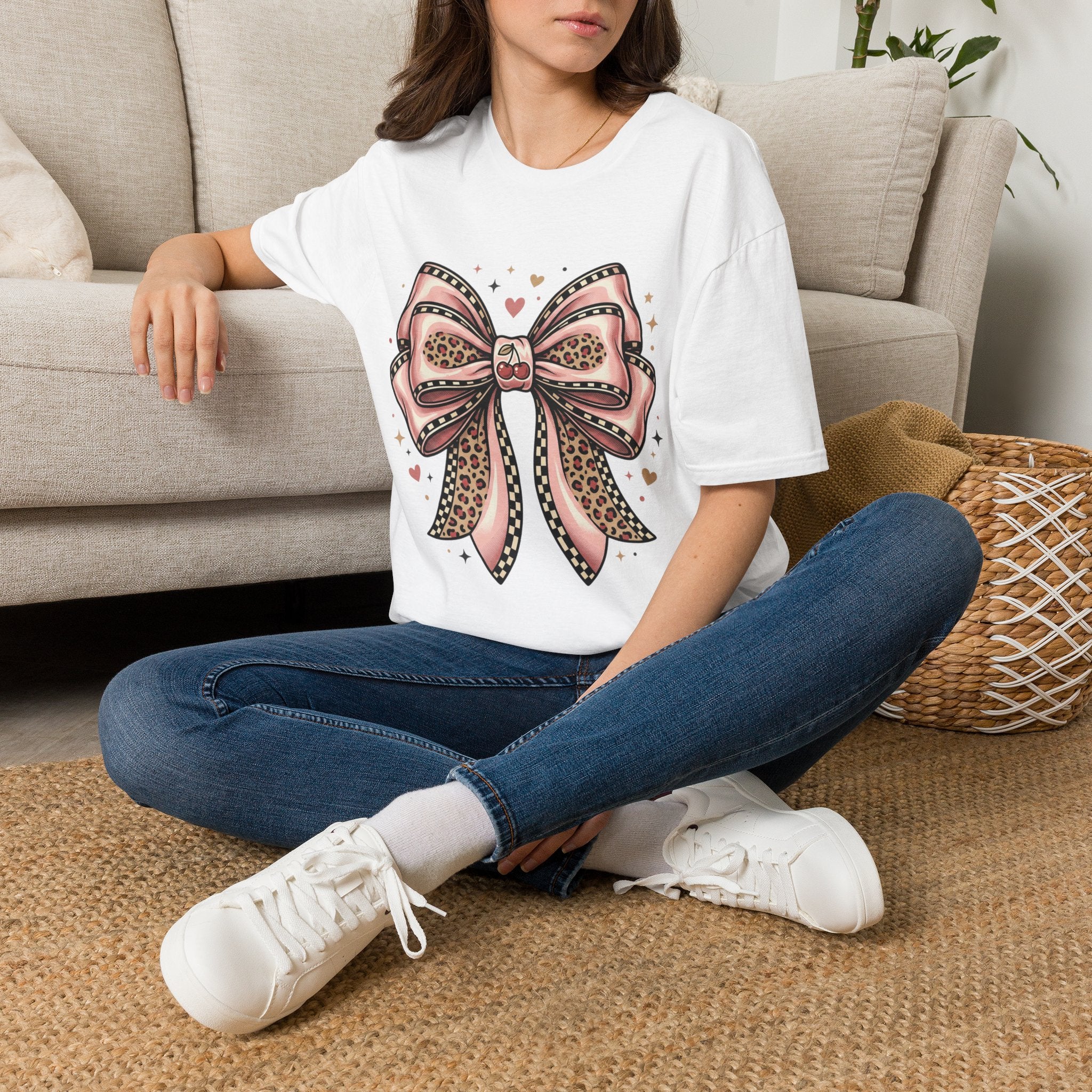Pink Leopard Bow T-Shirt | Ribbon Graphic, Heart Accents