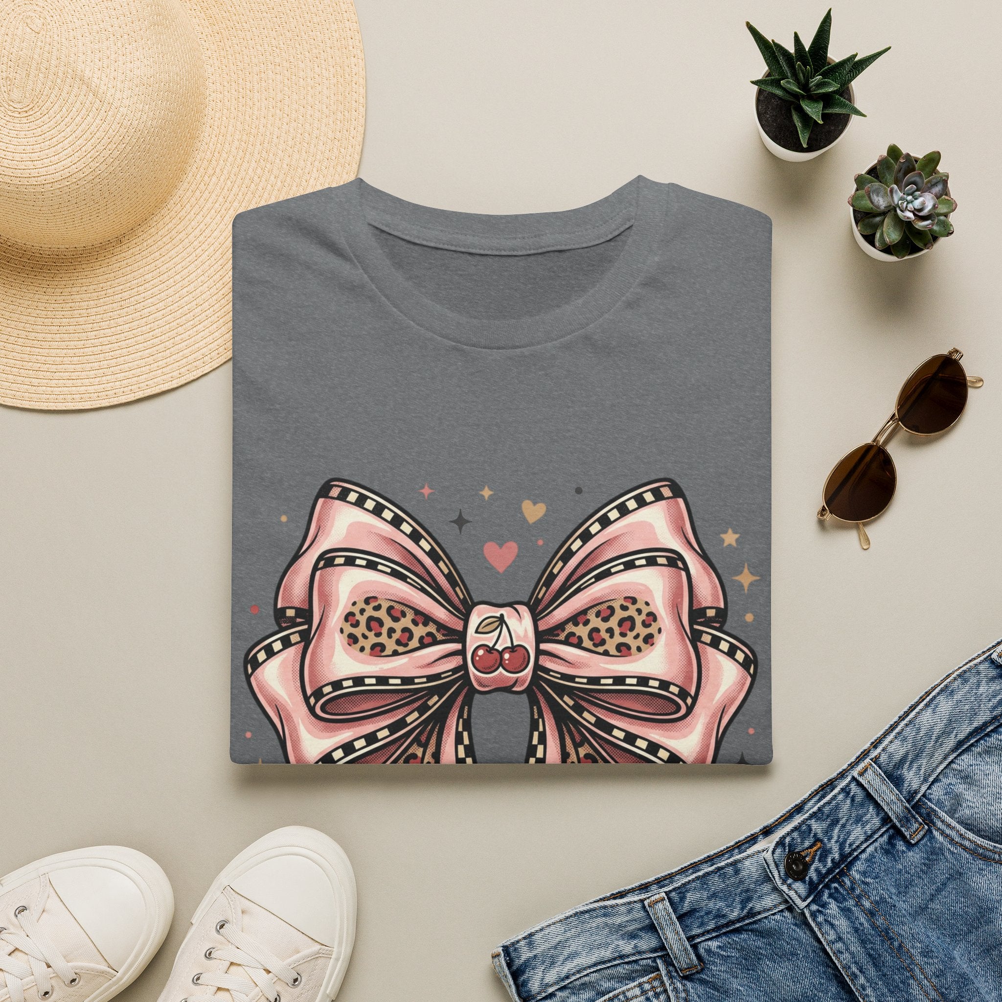 Pink Leopard Bow T-Shirt | Ribbon Graphic, Heart Accents