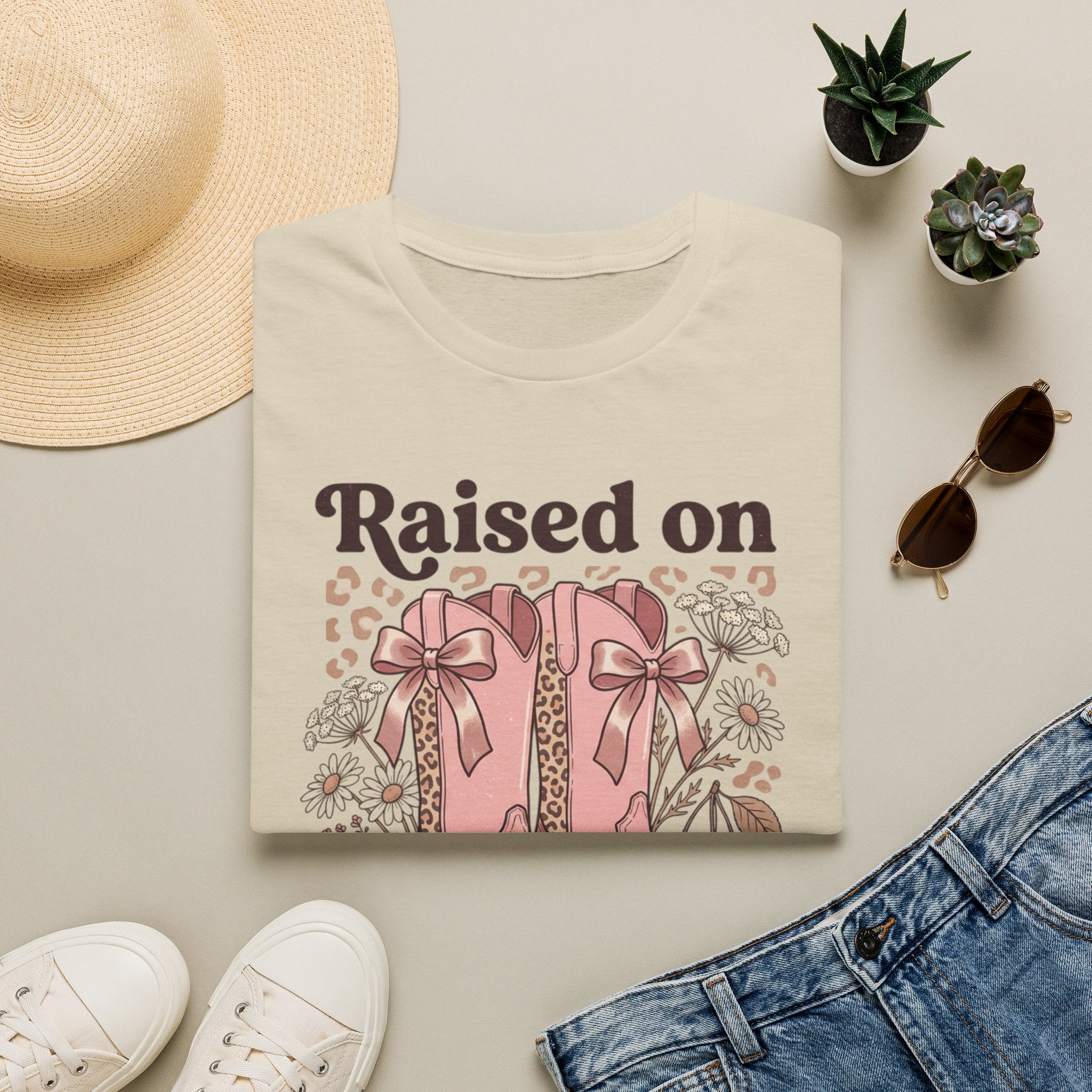Raised on Sweet Tea & Sunshine T-Shirt | Pink Cowboy Boots Floral Design