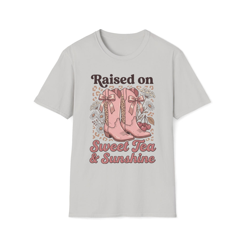 Raised on Sweet Tea & Sunshine T-Shirt | Pink Cowboy Boots Floral Design