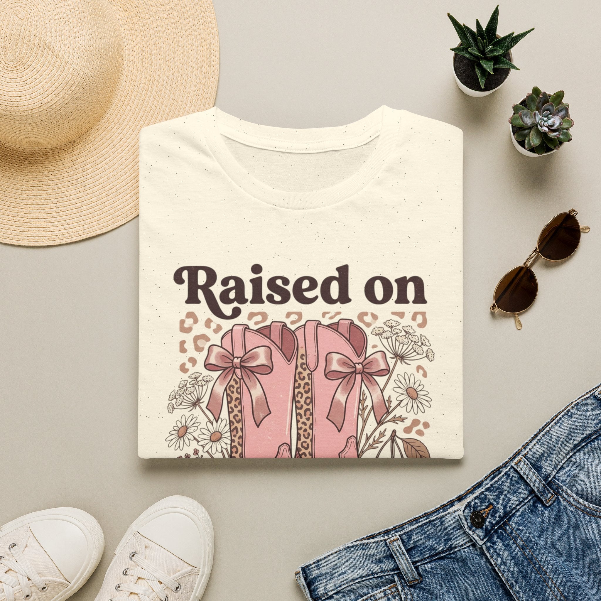 Raised on Sweet Tea & Sunshine T-Shirt | Pink Cowboy Boots Floral Design