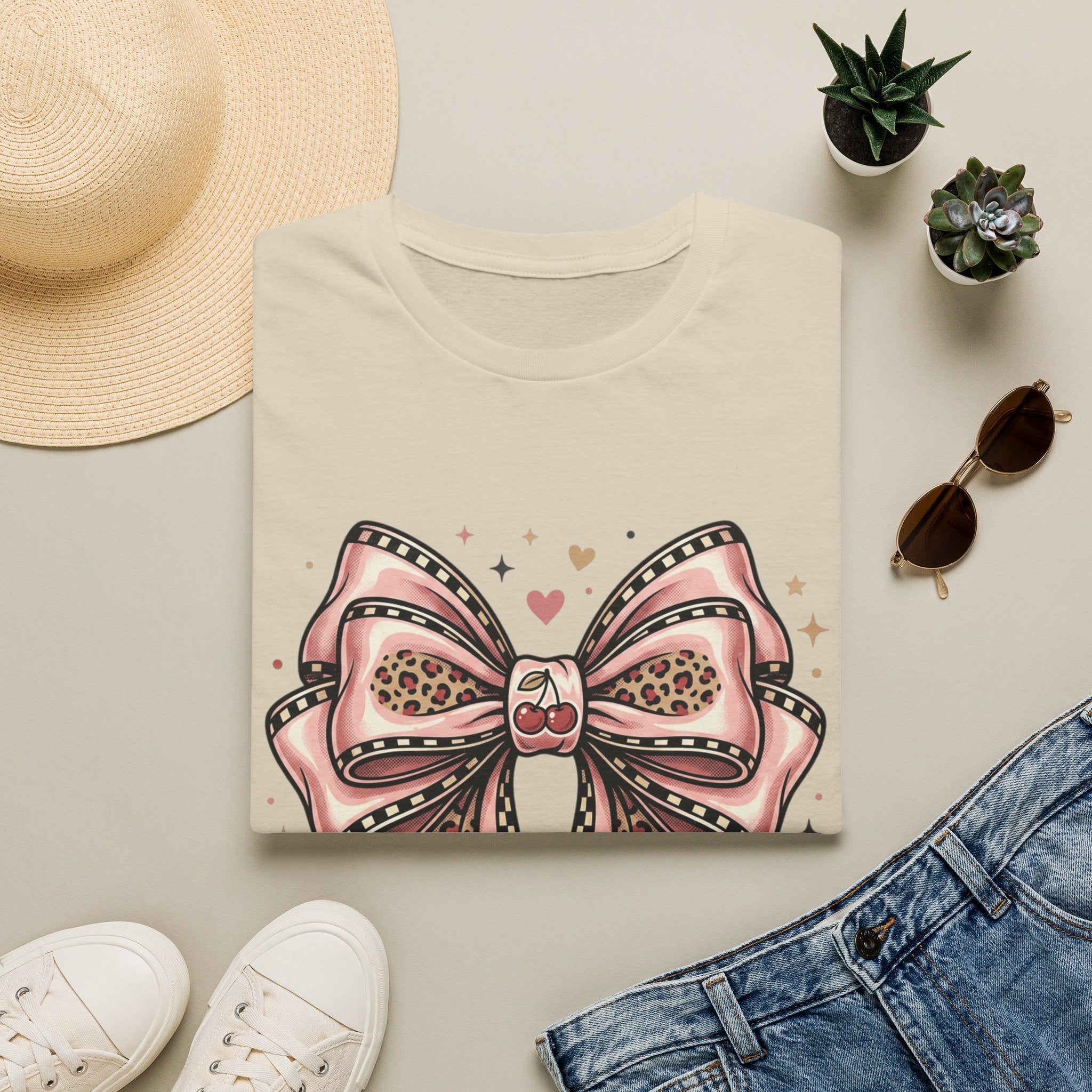 Pink Leopard Bow T-Shirt | Ribbon Graphic, Heart Accents