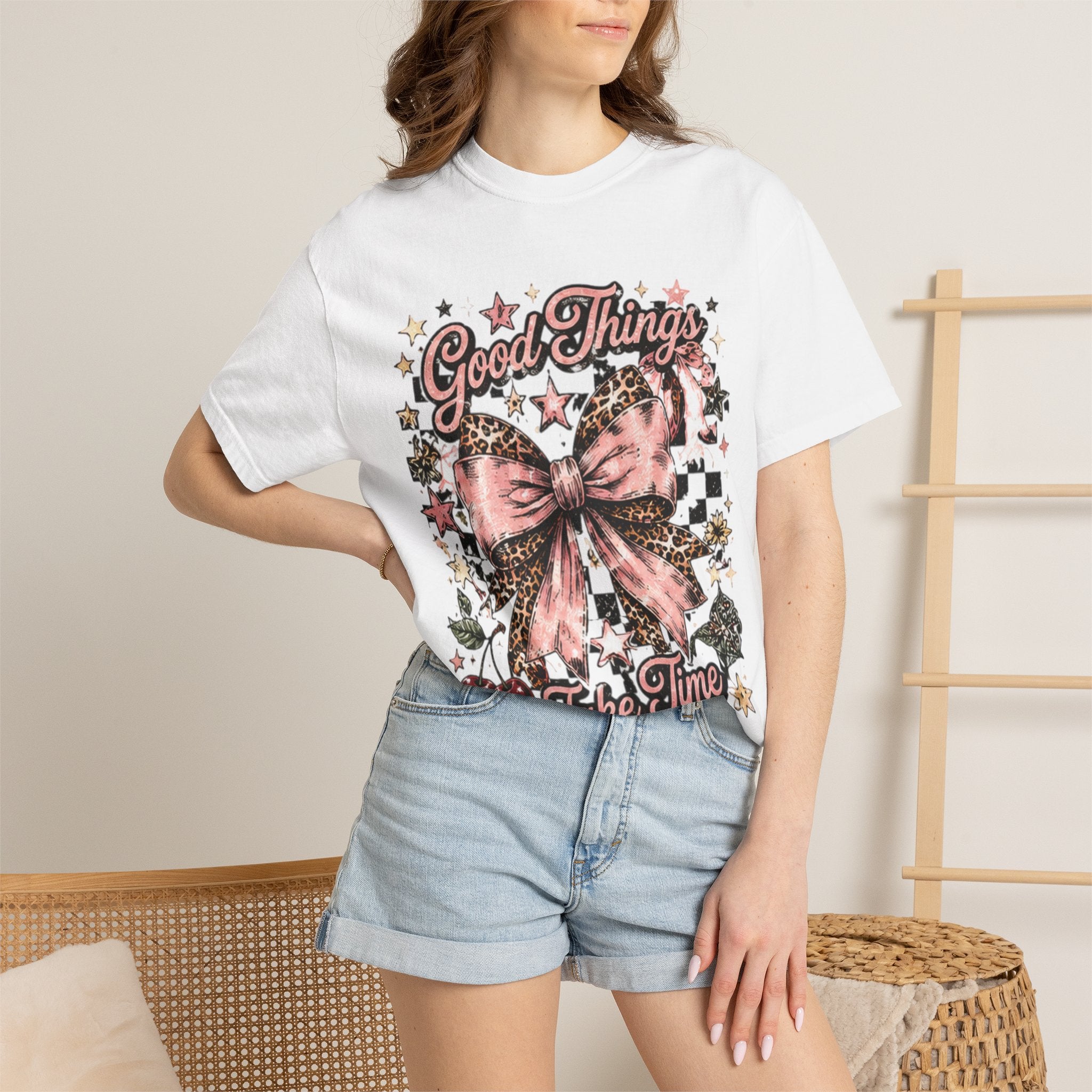 Good Things Take Time T-Shirt — Vintage Pink Bow Graphic Tee