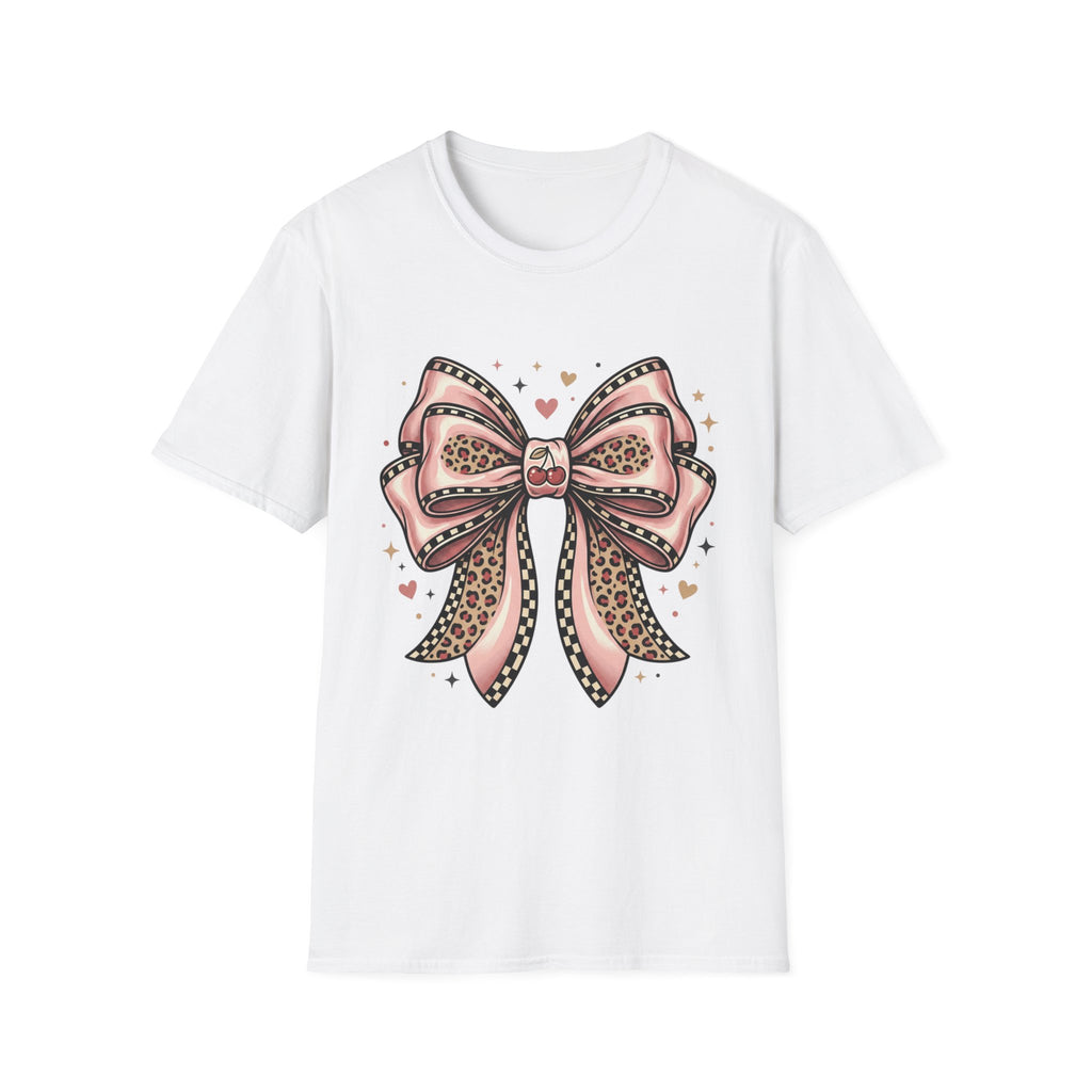 Pink Leopard Bow T-Shirt | Ribbon Graphic, Heart Accents