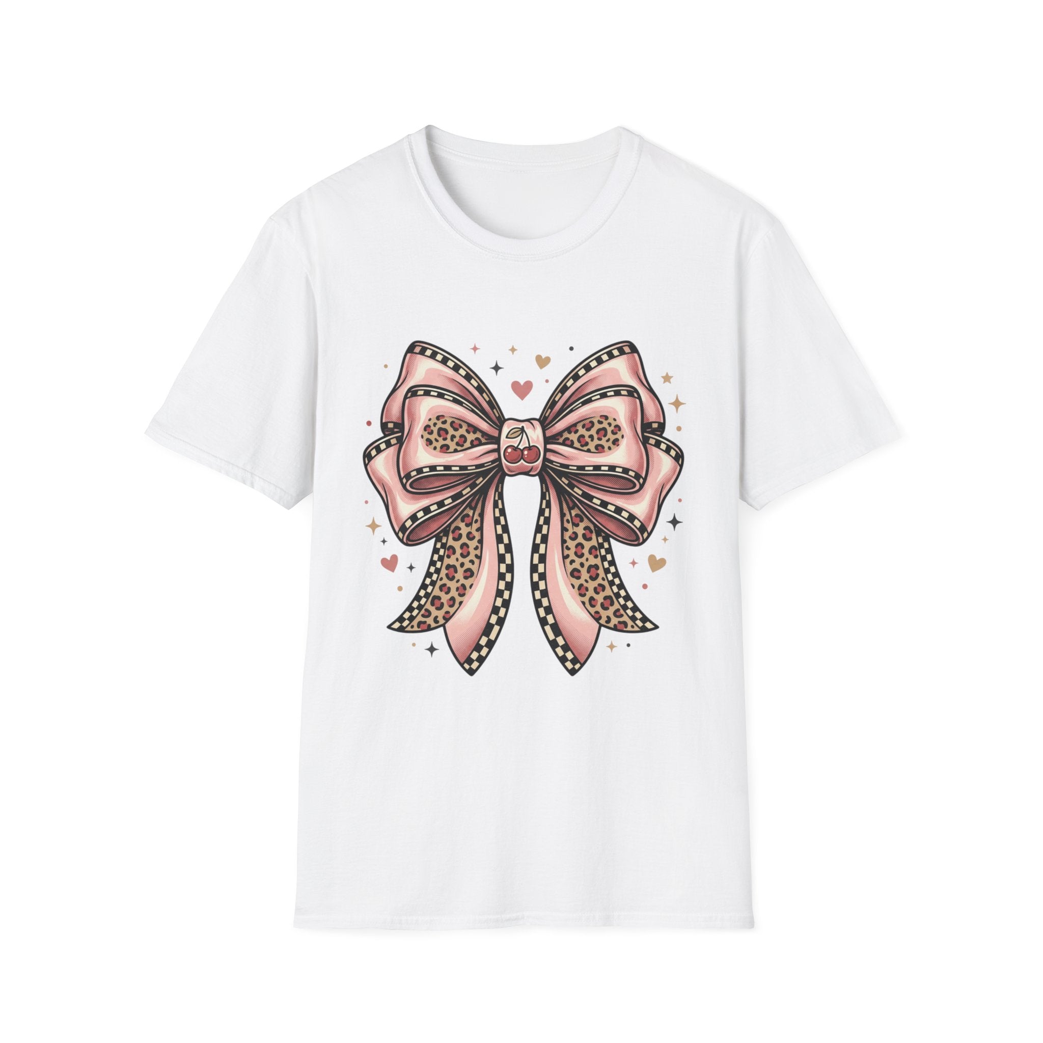 Pink Leopard Bow T-Shirt | Ribbon Graphic, Heart Accents