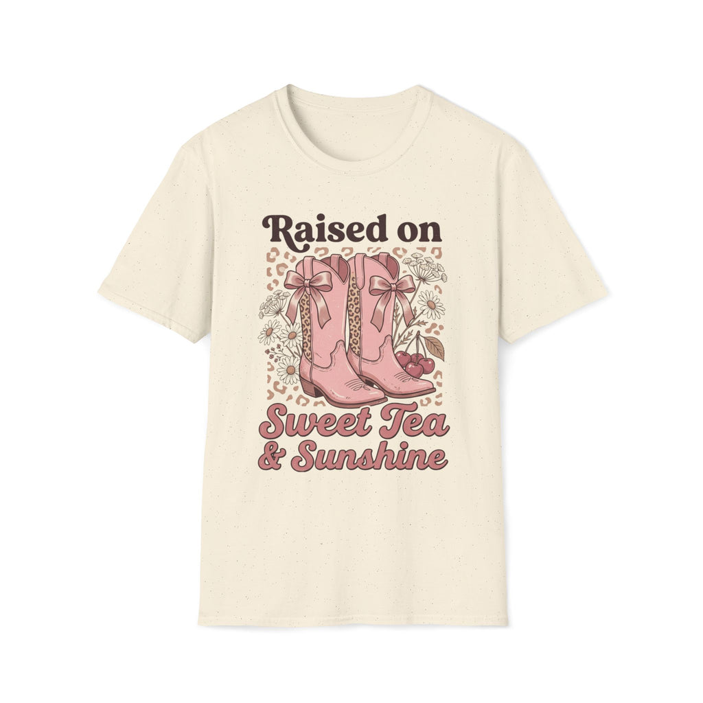 Raised on Sweet Tea & Sunshine T-Shirt | Pink Cowboy Boots Floral Design