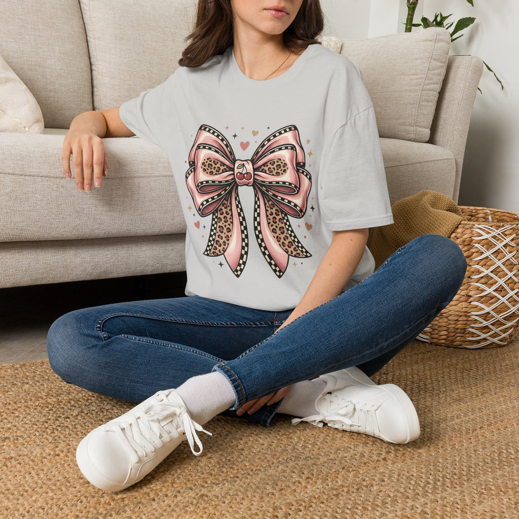 Pink Leopard Bow T-Shirt | Ribbon Graphic, Heart Accents