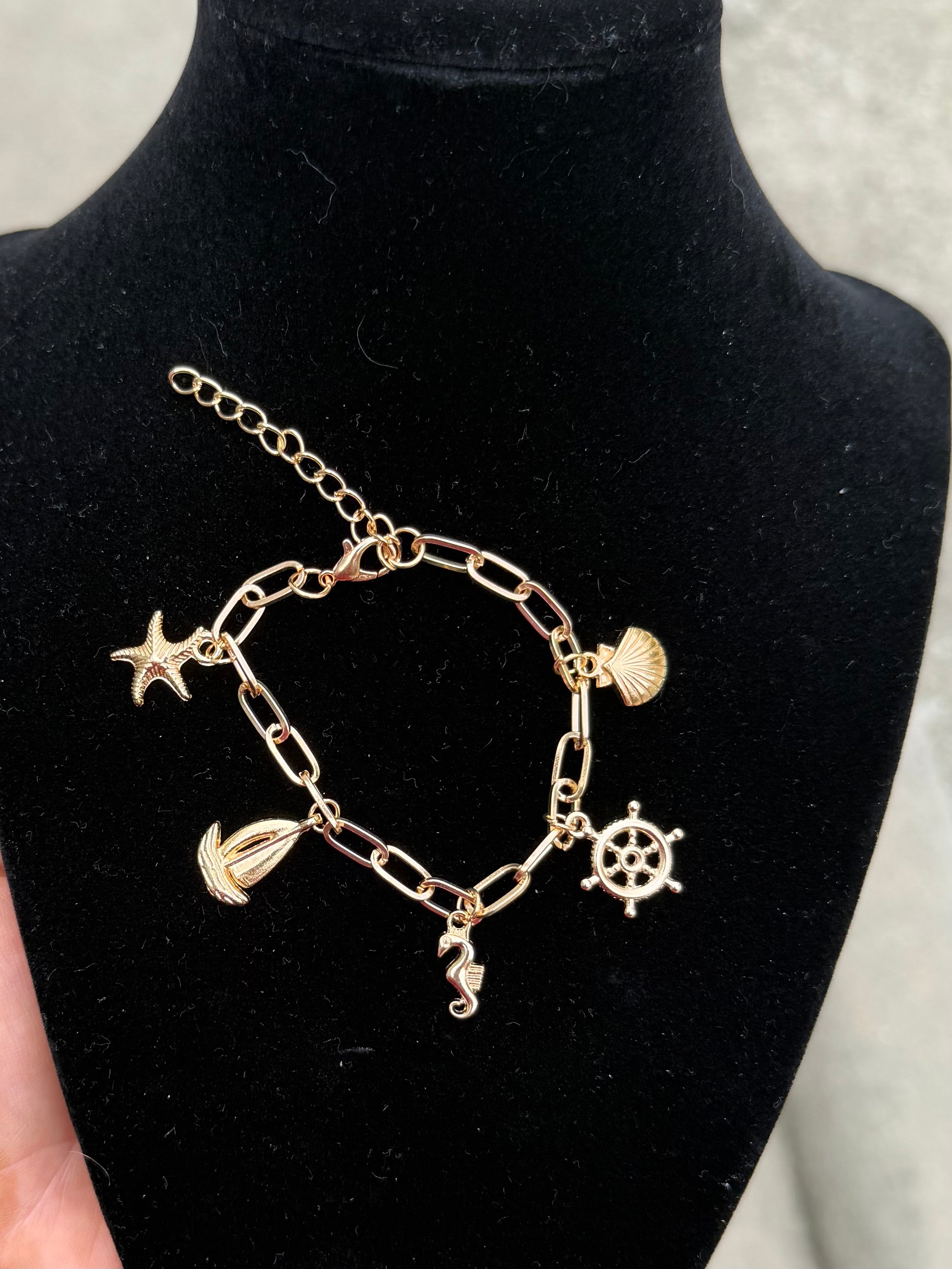 Coastal Charm Bracelet – Gold Paperclip Chain with Ocean Charms