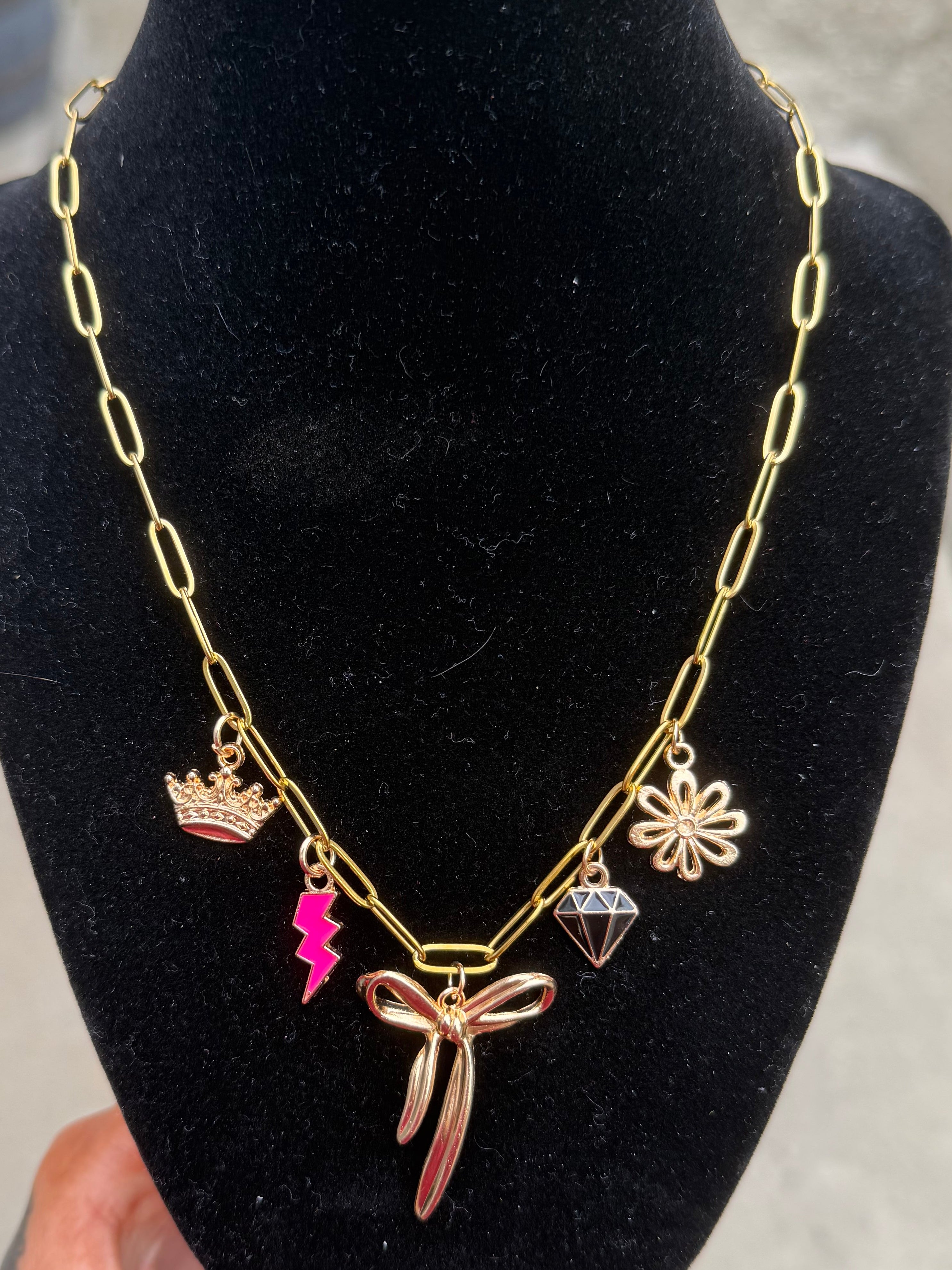 Pretty in Pink Charm Necklace – Gold Paperclip Chain