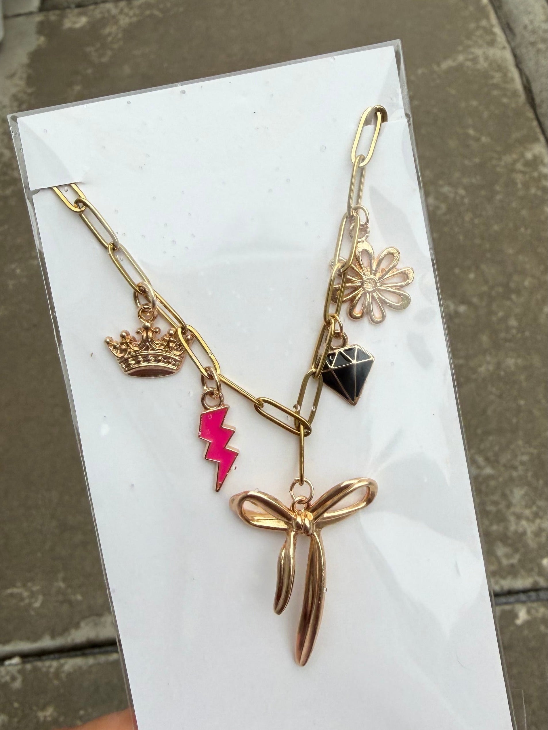 Pretty in Pink Charm Necklace – Gold Paperclip Chain