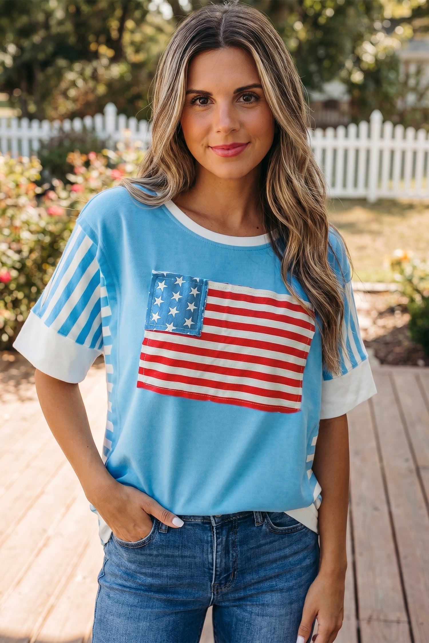 July 4th Flag Stripe Patchwork Colorblock T-Shirt